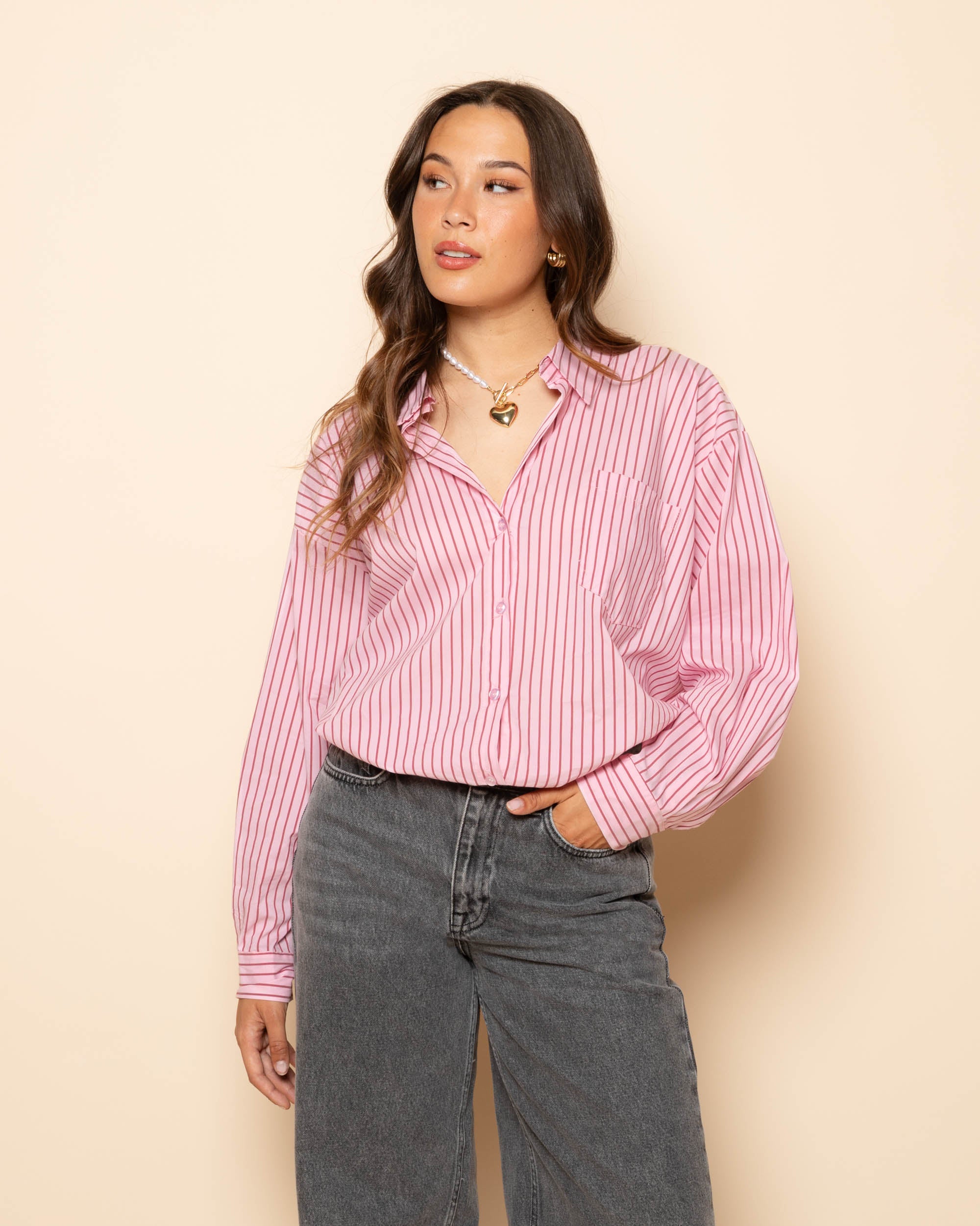 POPLIN STRIPE OVERSIZED BLOUSE PINK