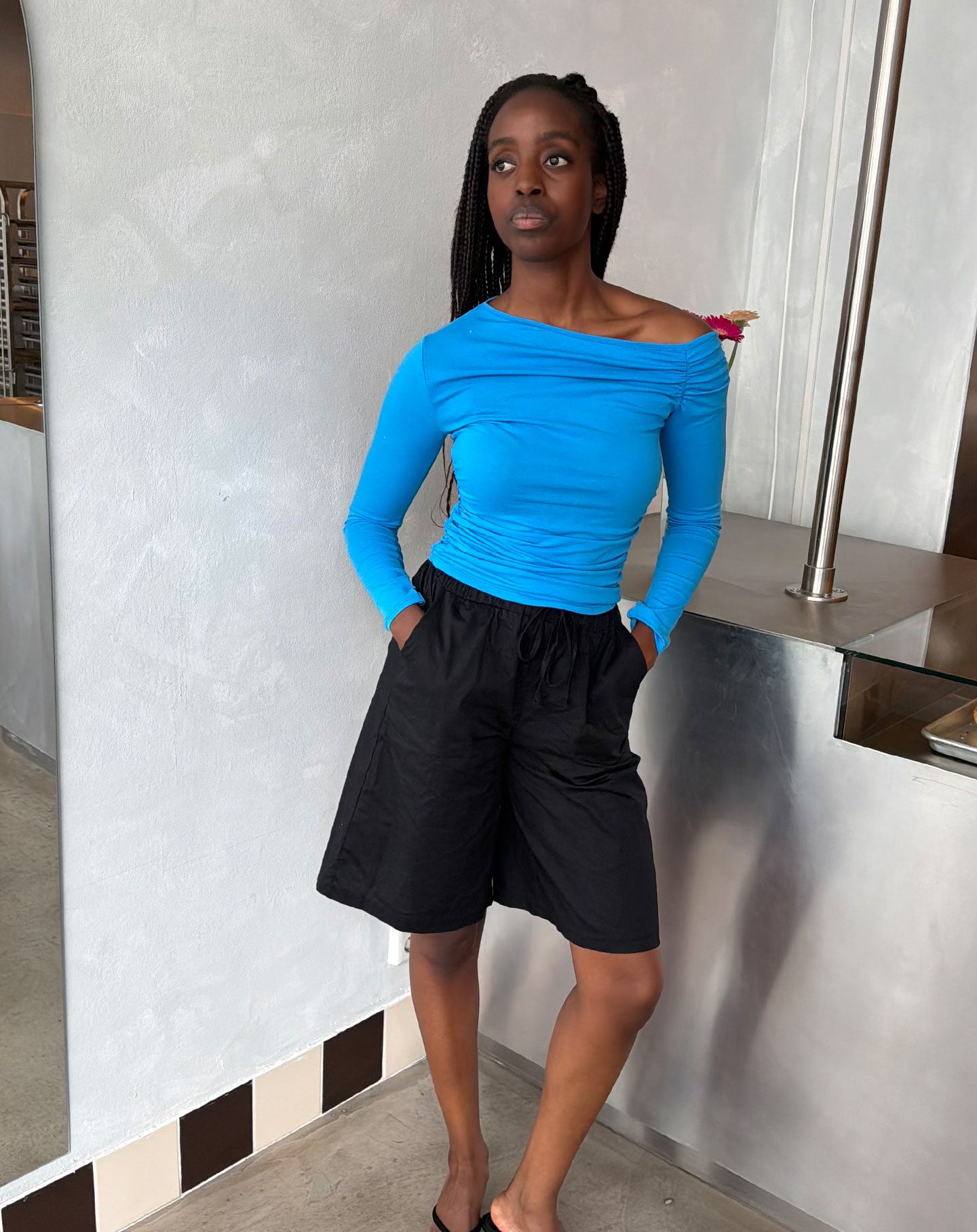 TAMAR OFF SHOULDER RUCHED TOP AQUA