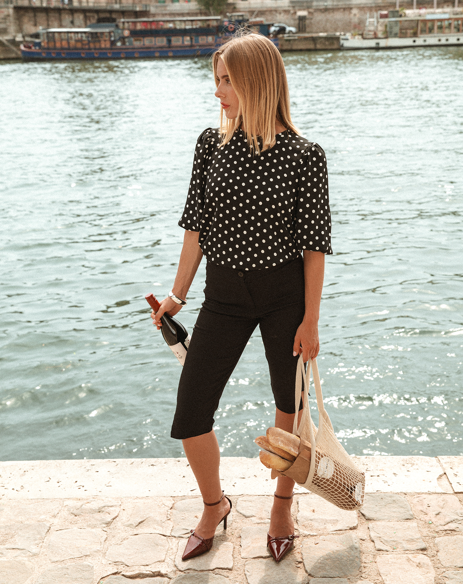 JULIE DOT PUFF SLEEVE TOP BLACK