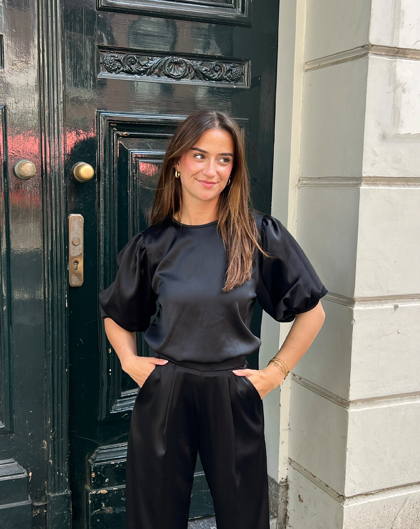 JULIE SATIN PUFF SLEEVE TOP BLACK