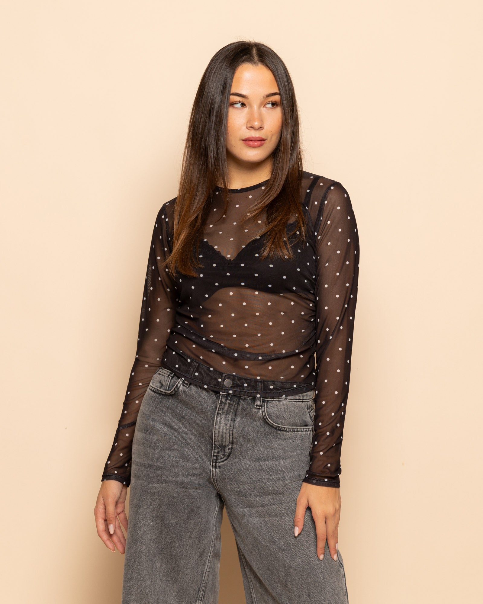 SMALL DOTS MESH TOP BLACK