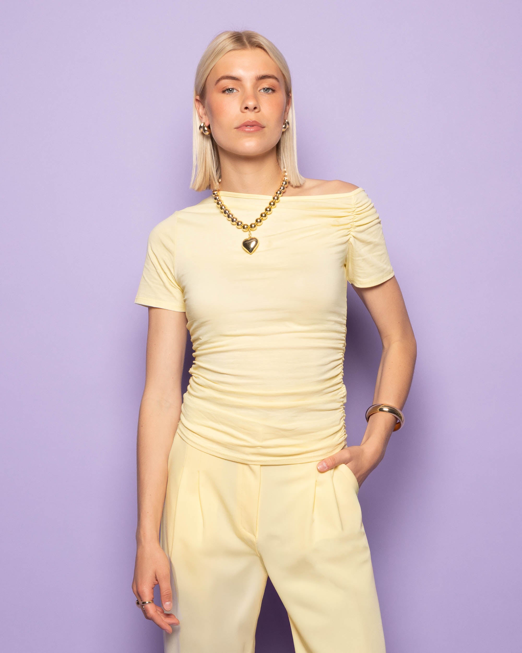 TAMAR OFF SHOULDER SHORT SLEEVE TOP BUTTER YELLOW