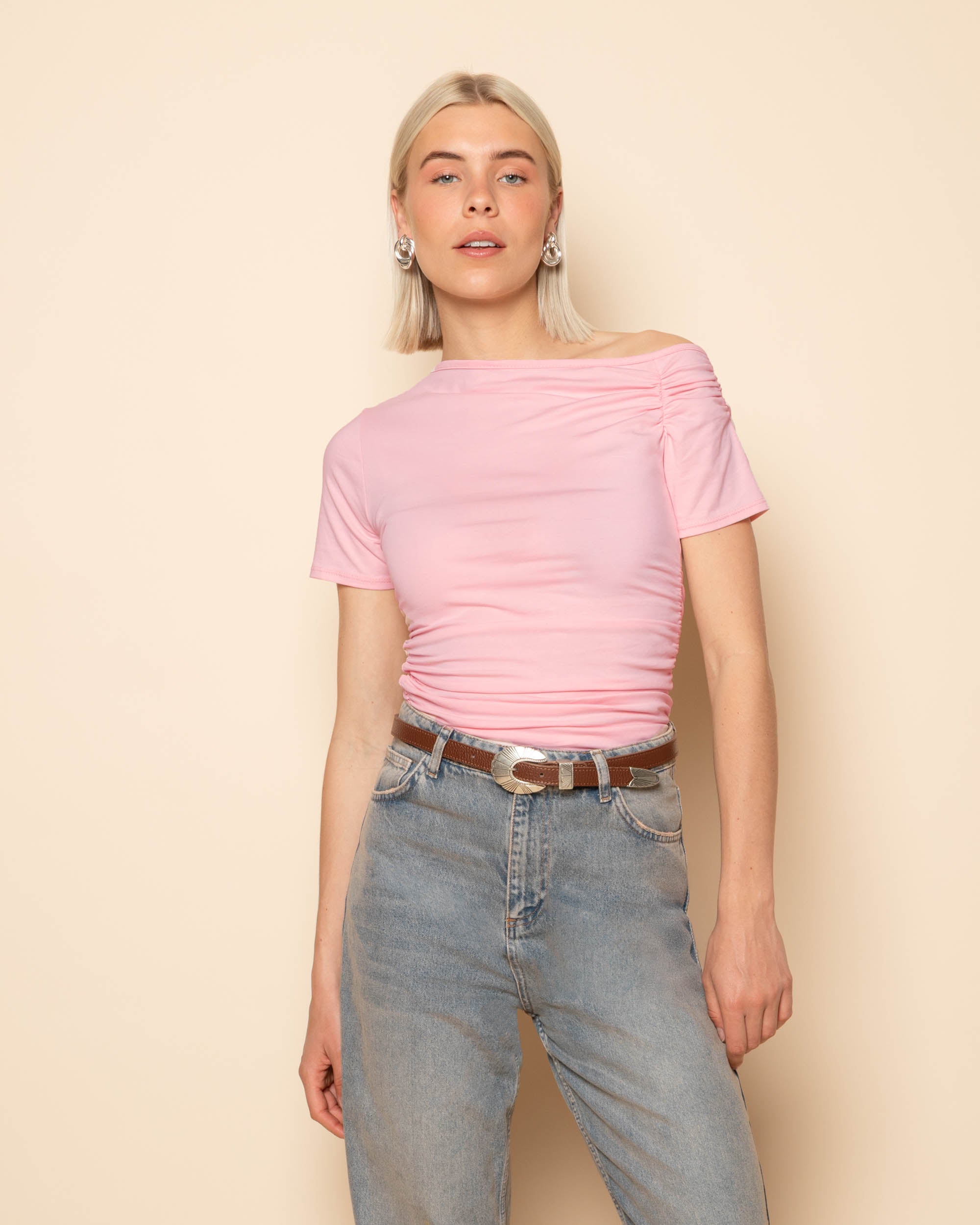 TAMAR OFF SHOULDER SHORT SLEEVE TOP LIGHT PINK