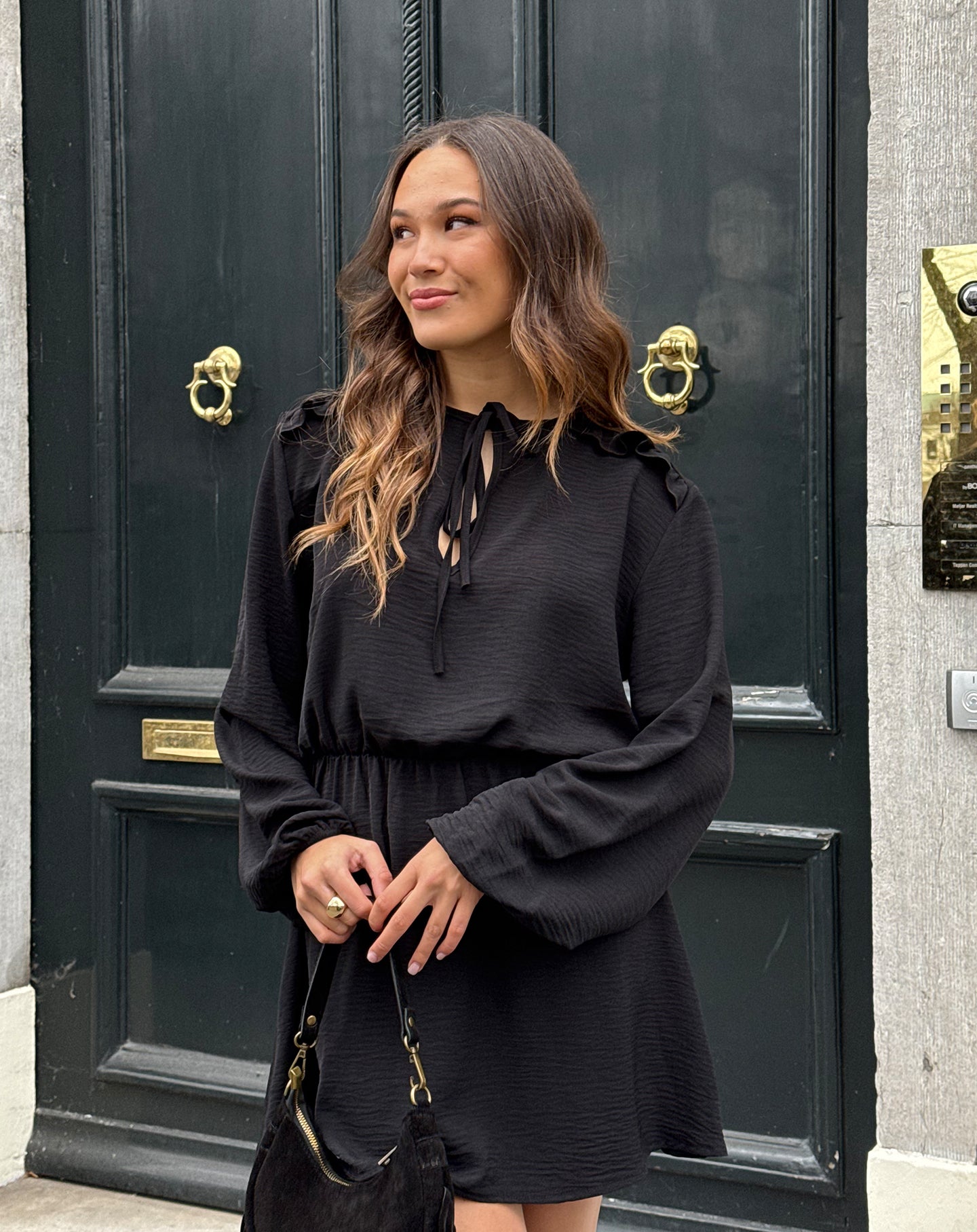 JULIE RUFFLE CORD DRESS BLACK