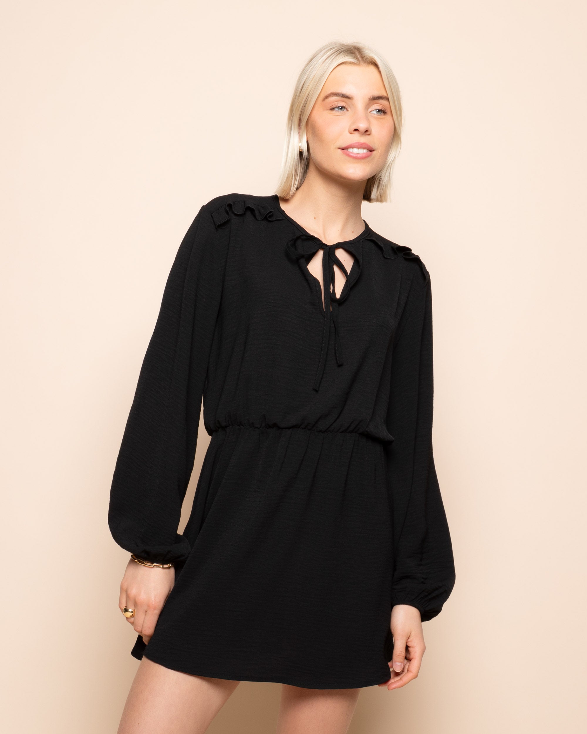 JULIE RUFFLE CORD DRESS BLACK