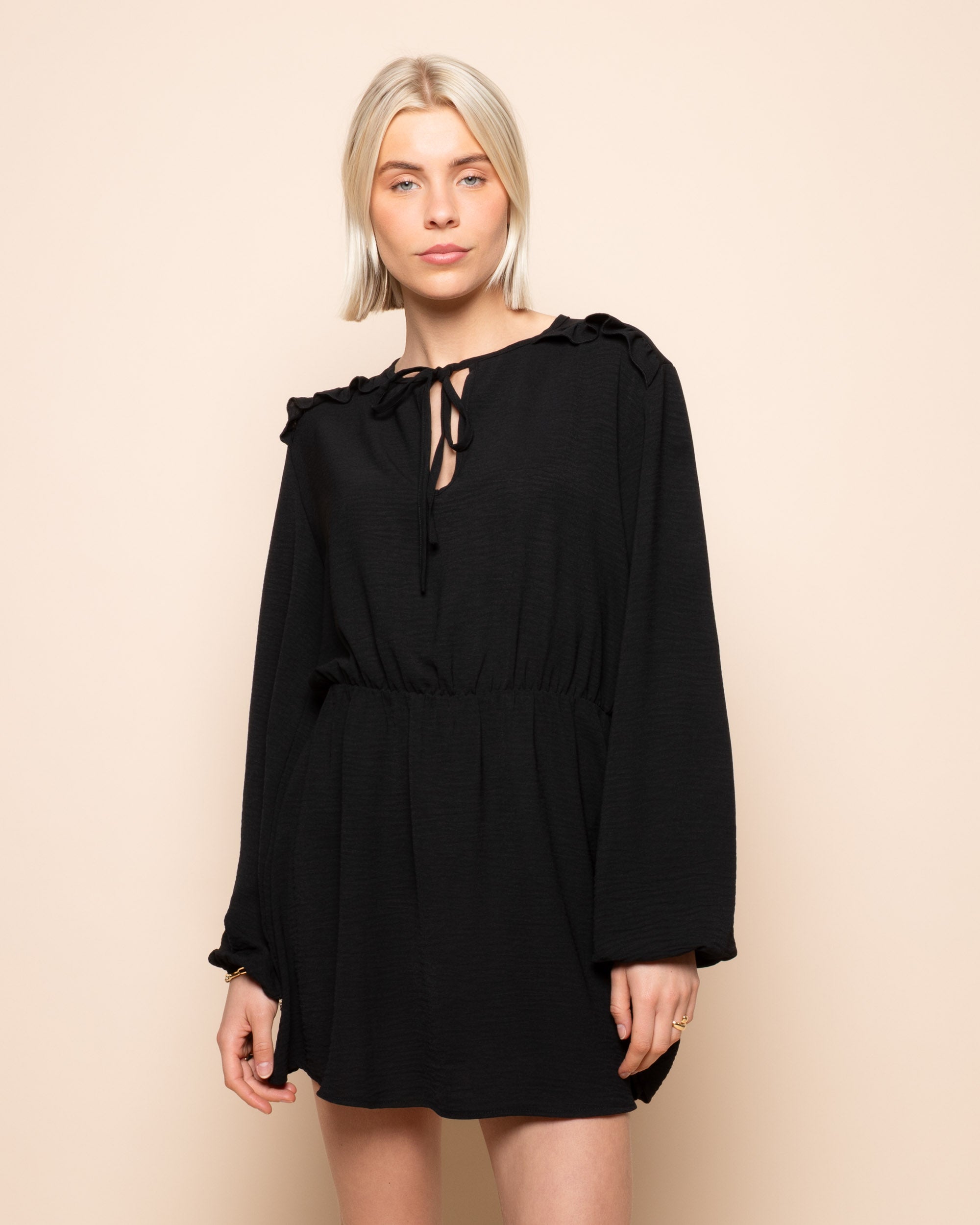 JULIE RUFFLE CORD DRESS BLACK