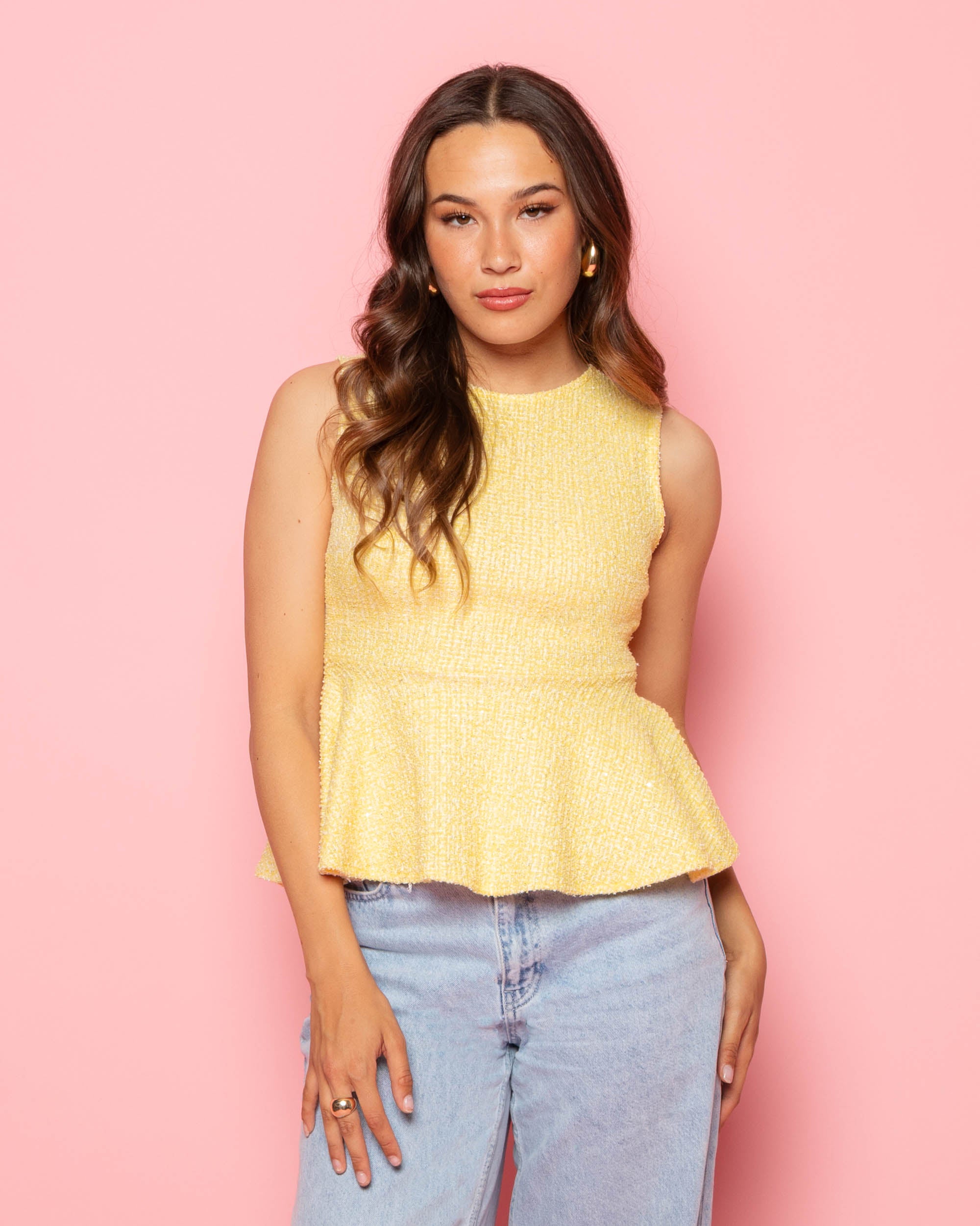 ANNE PEPLUM BOUCLE TOP BUTTER YELLOW
