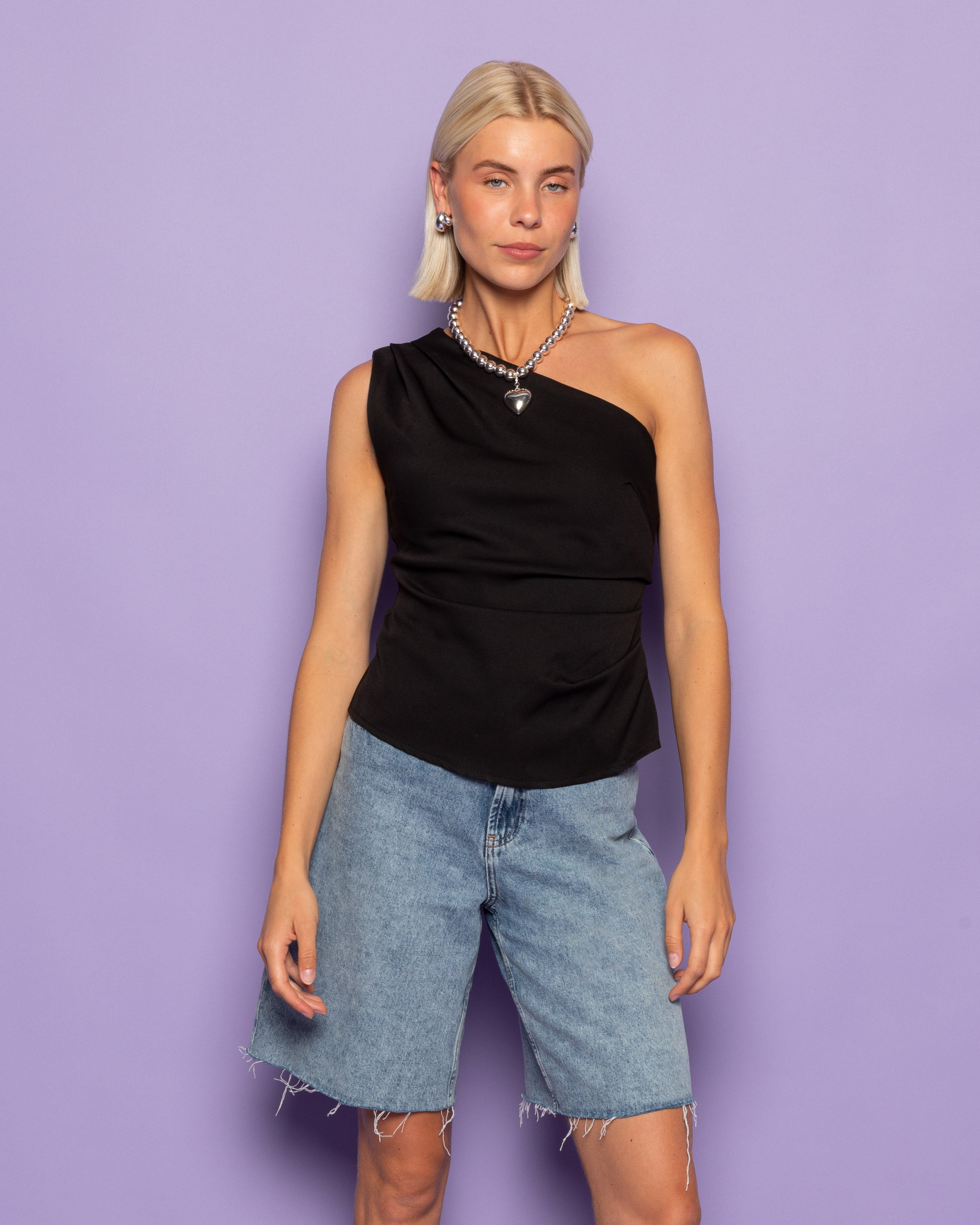 SOFIA ONE SHOULDER RUCHED TOP BLACK