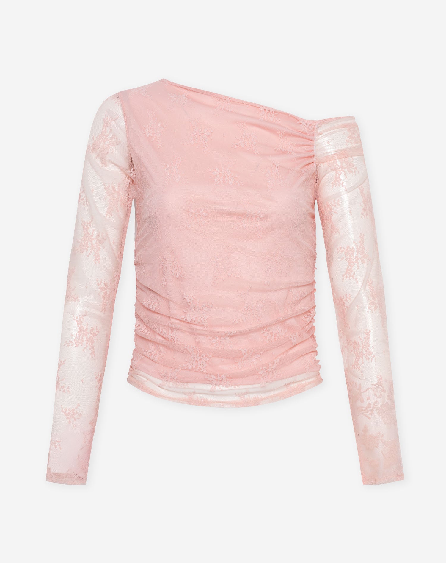 LACE OFF SHOULDER RUCHED TOP LIGHT PINK