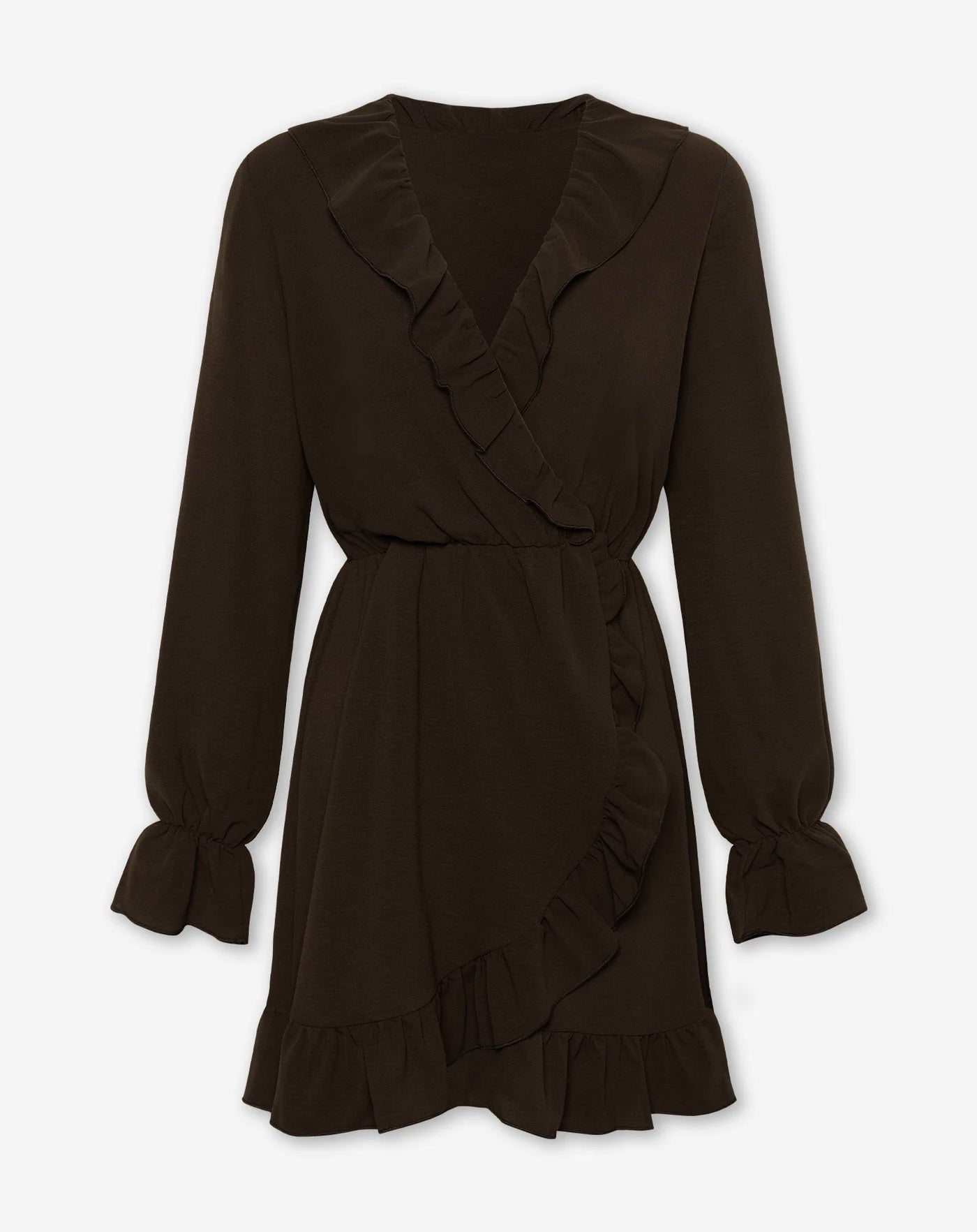 JULIE RUFFLE V-NECK WRAP DRESS CHOCOLADEBRUIN