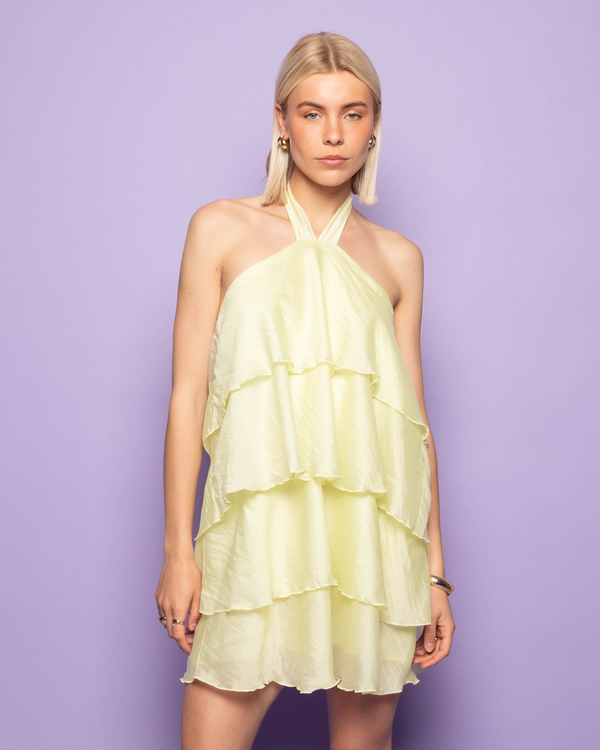 RUFFLE HALTER DRESS BUTTER YELLOW