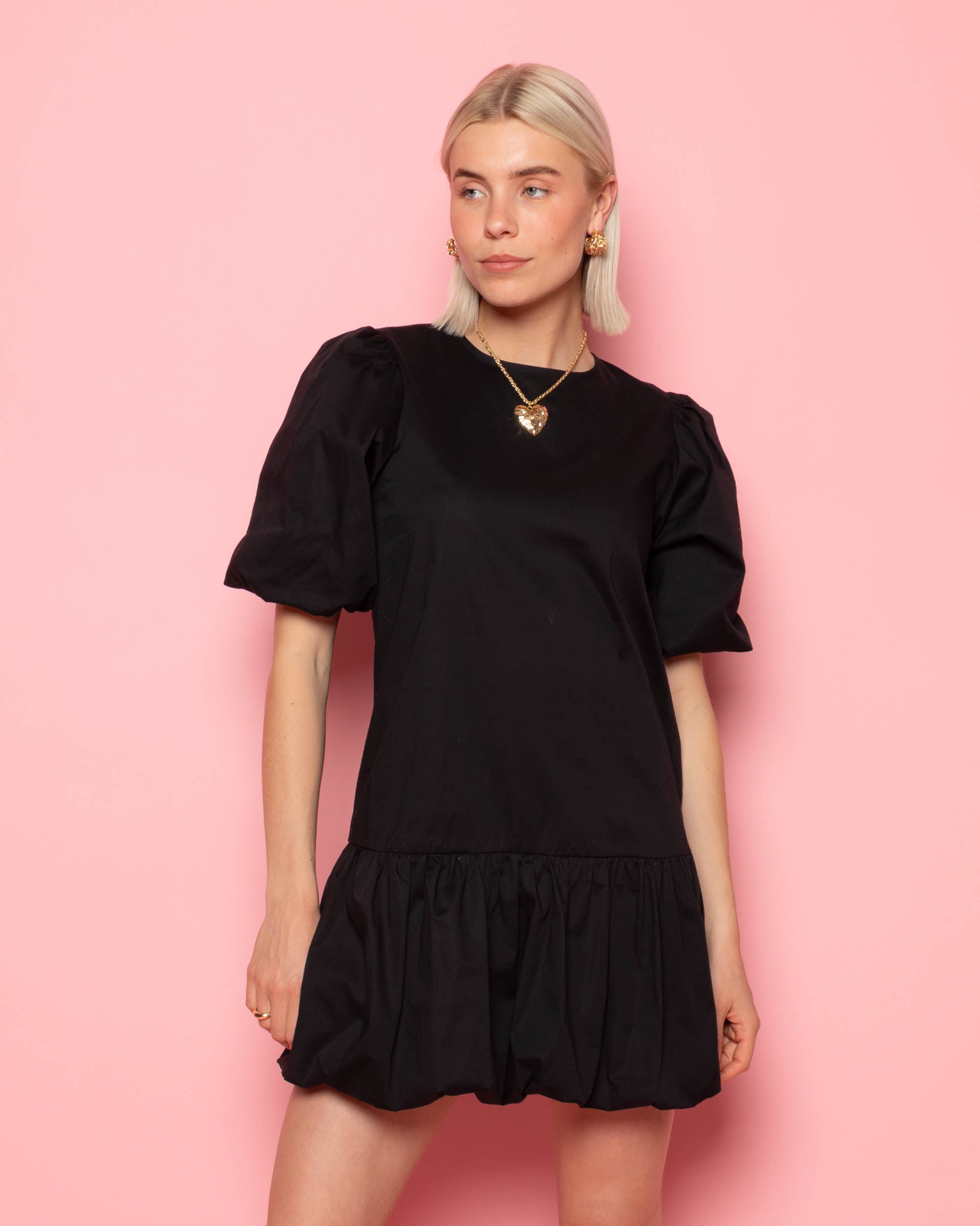 POPLIN PUFF SLEEVE DRESS BLACK