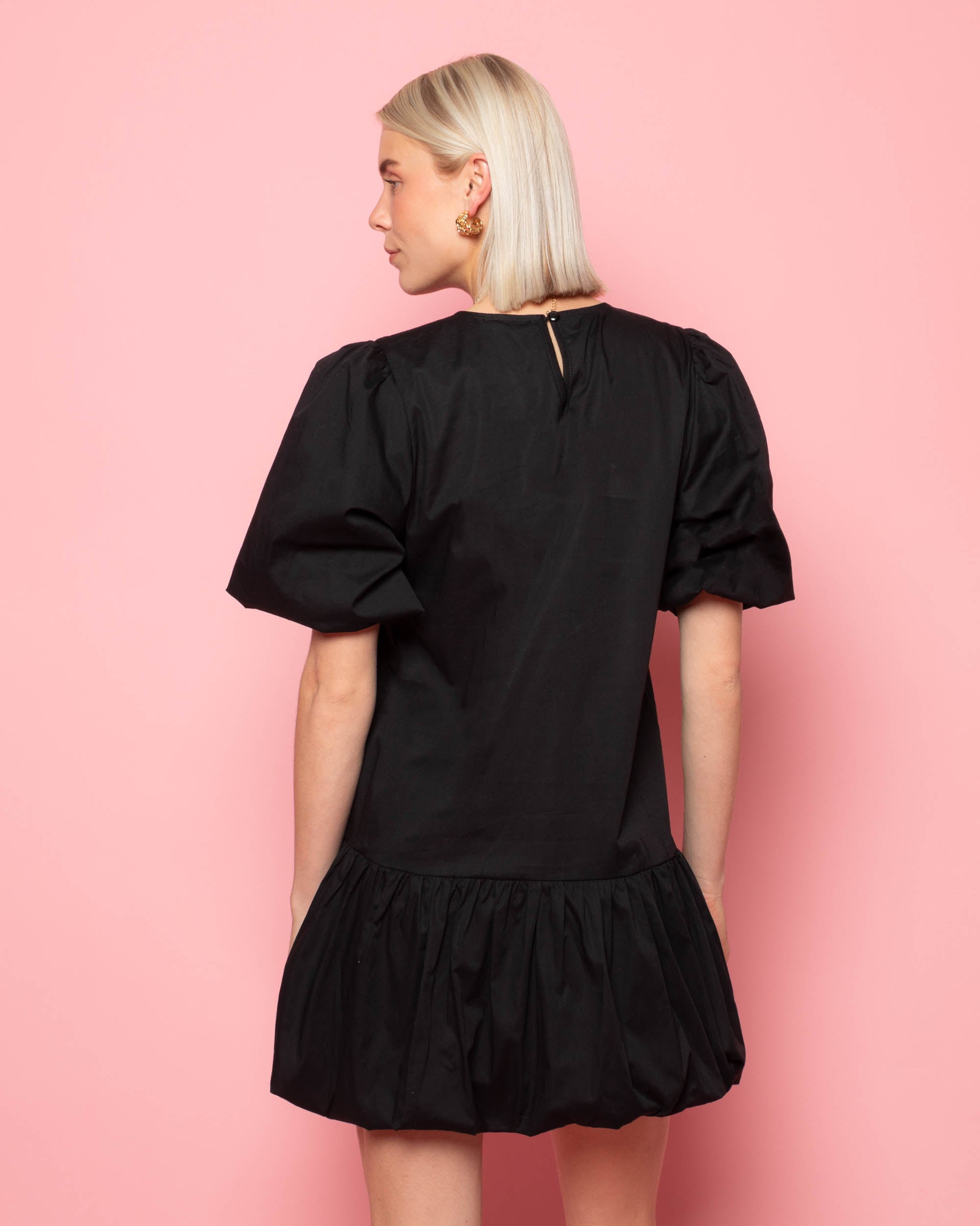 POPLIN PUFF SLEEVE DRESS BLACK