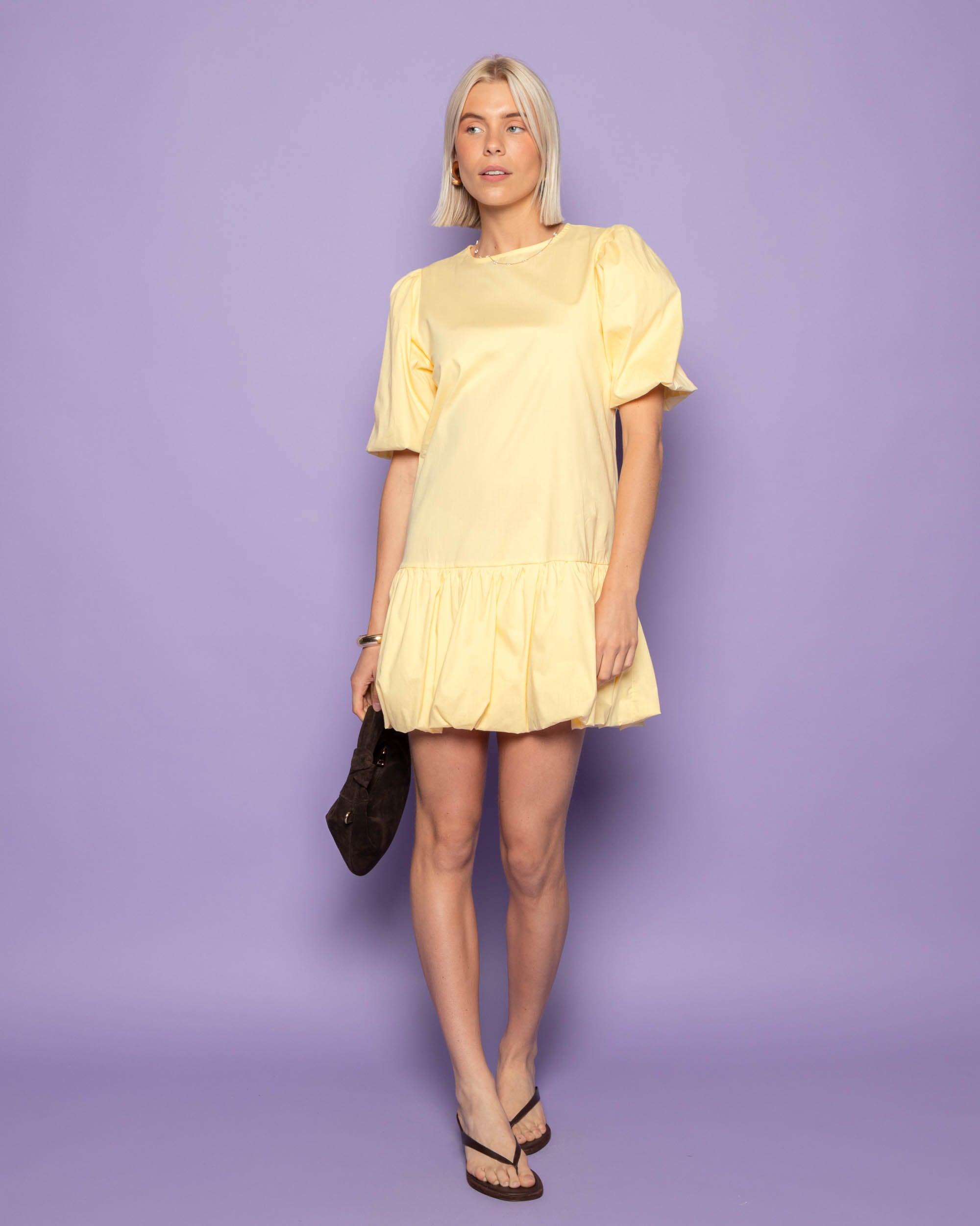 POPLIN PUFF SLEEVE DRESS BUTTER YELLOW
