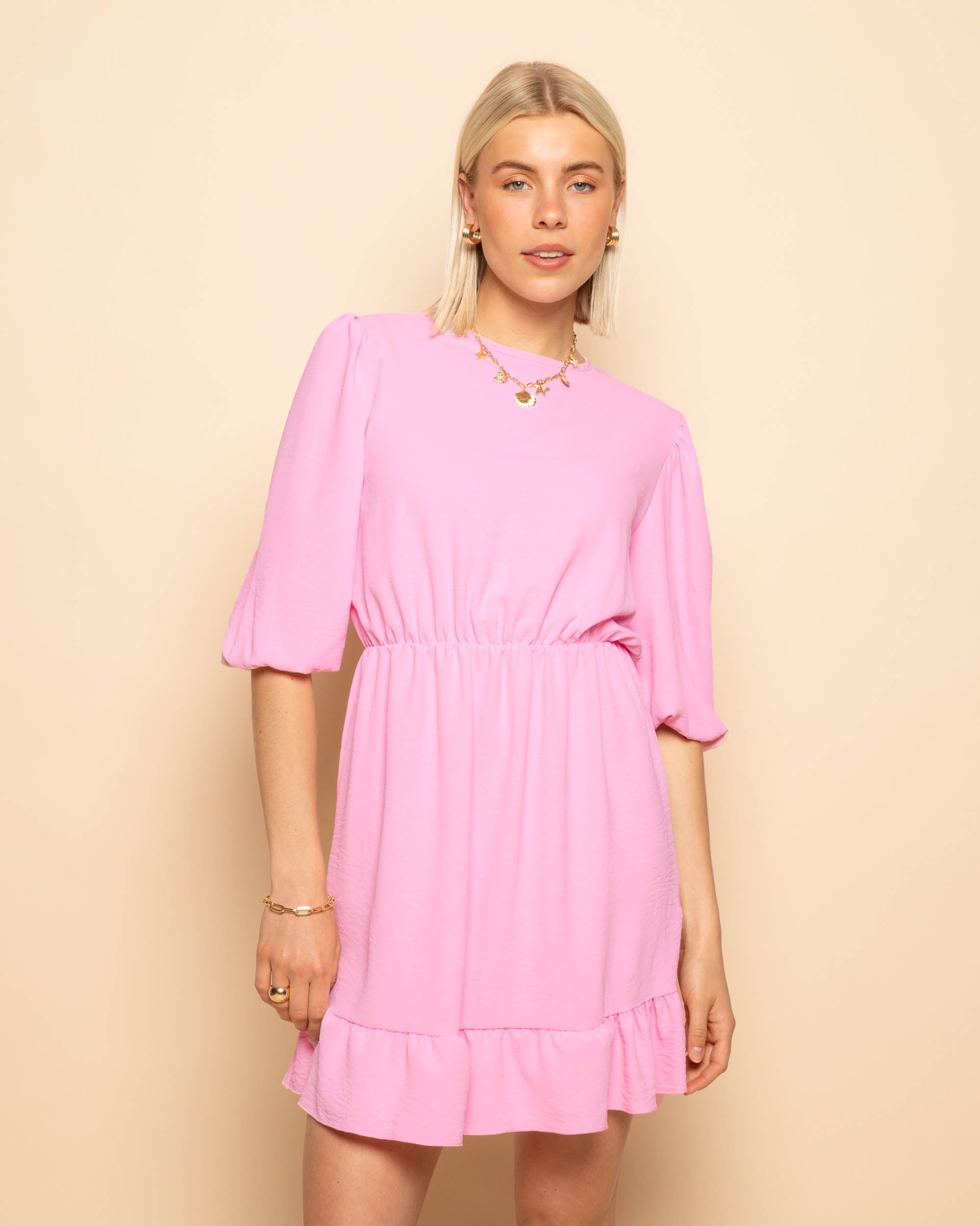 JULIE PUFF SLEEVE RUFFLE DRESS HARD PINK