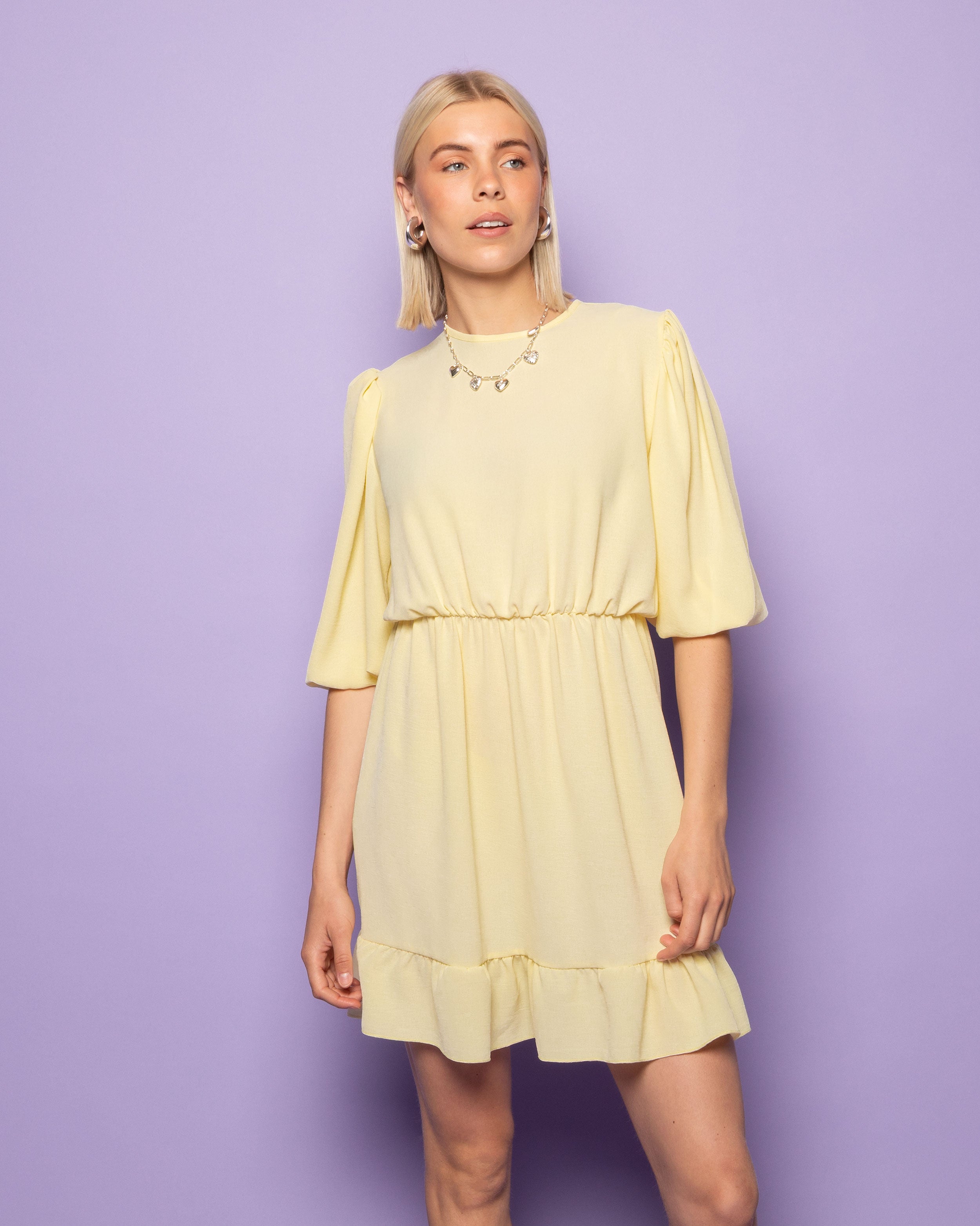 JULIE PUFF SLEEVE RUFFLE DRESS BUTTER YELLOW