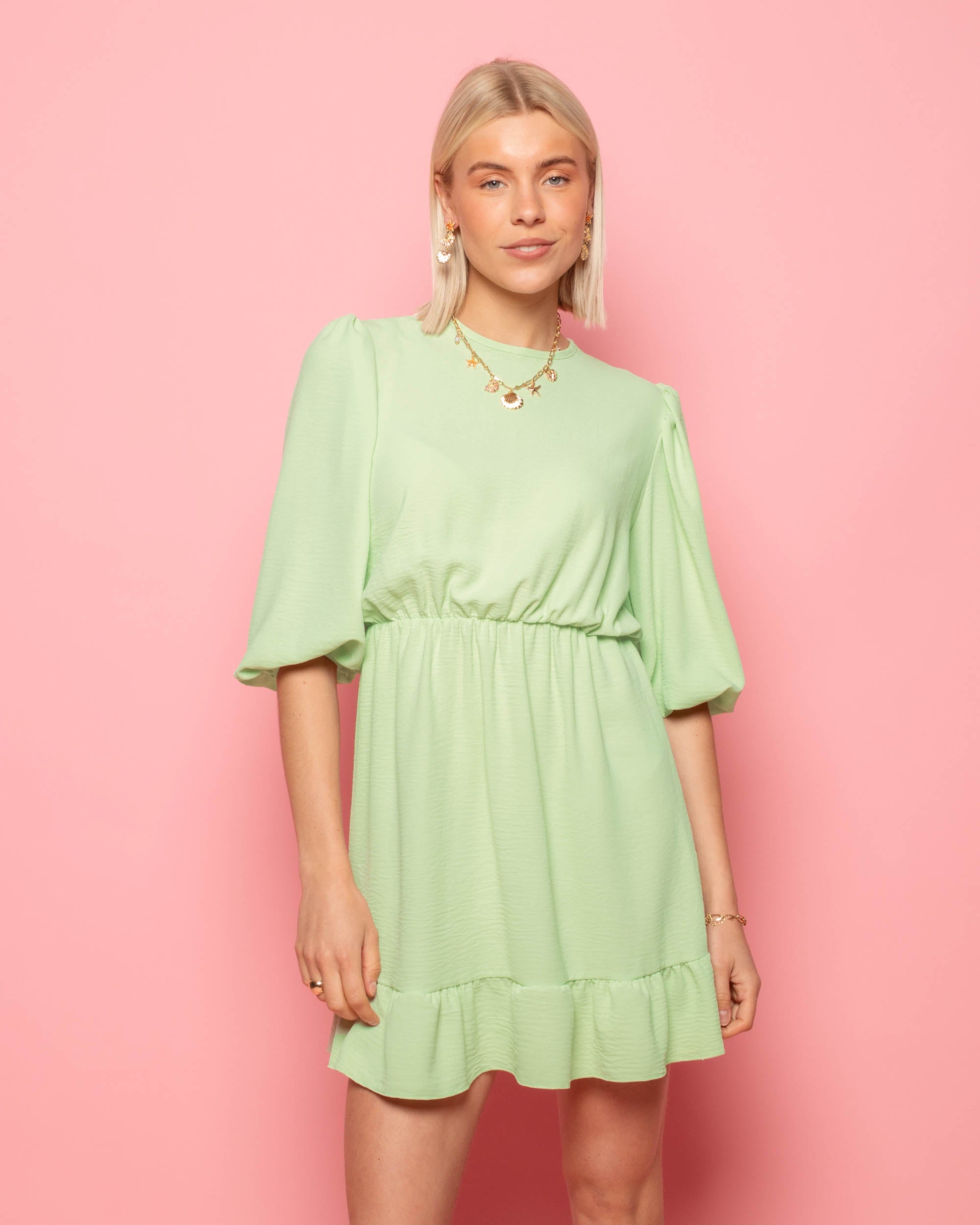 JULIE PUFF SLEEVE RUFFLE DRESS PISTACHE