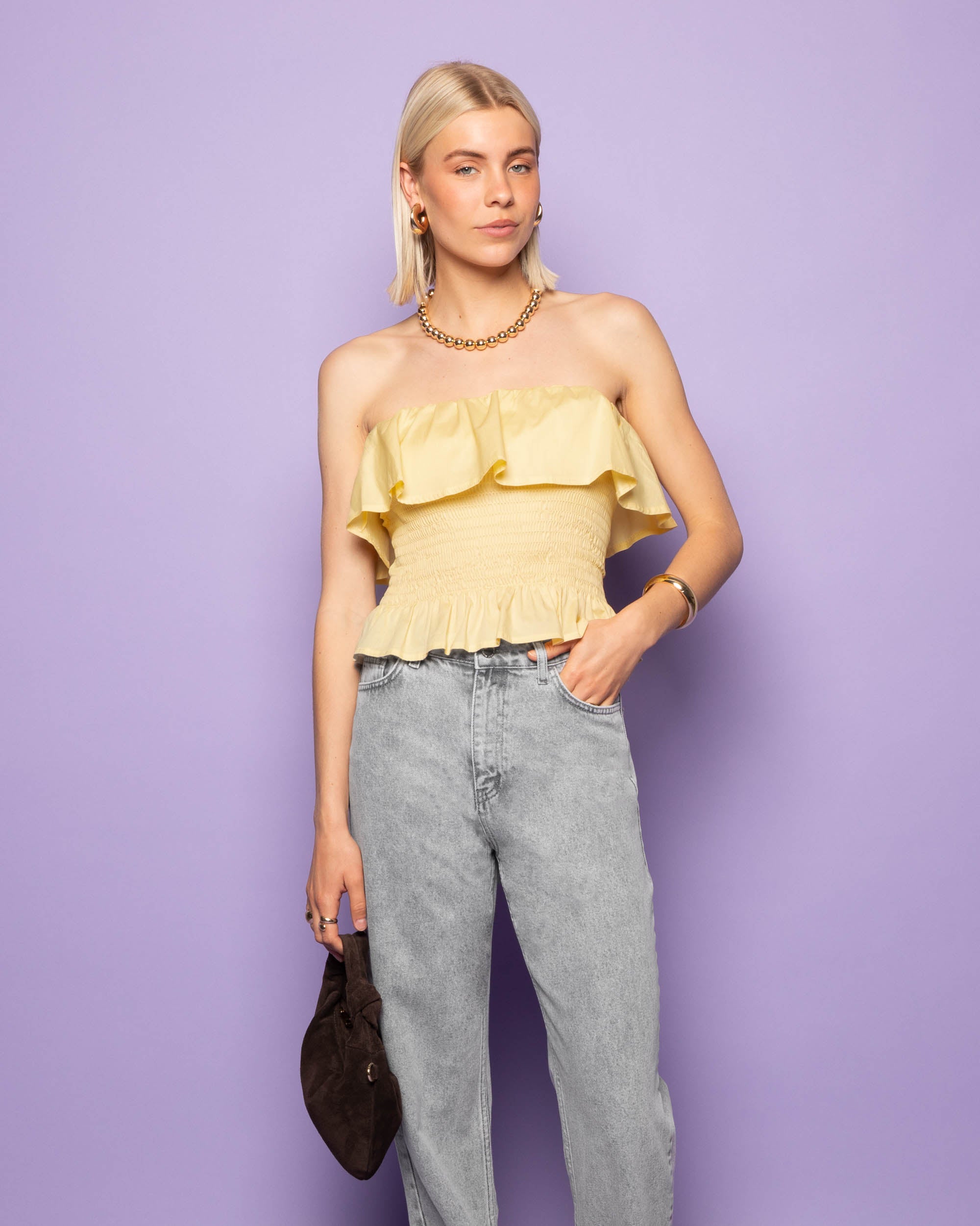 STRAPLESS RUFFLE SMOCK TOP BUTTER YELLOW