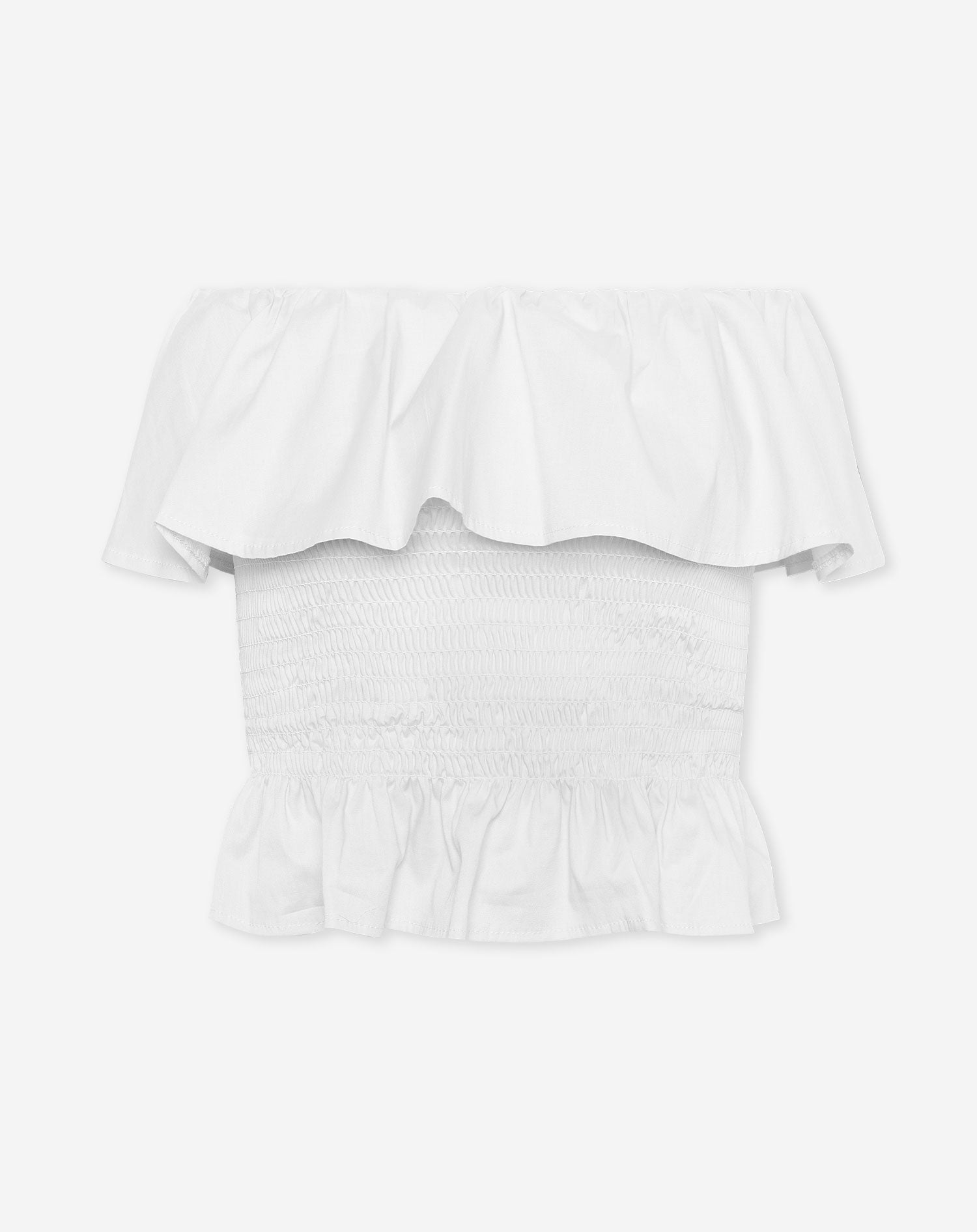 STRAPLESS RUFFLE SMOCK TOP WHITE