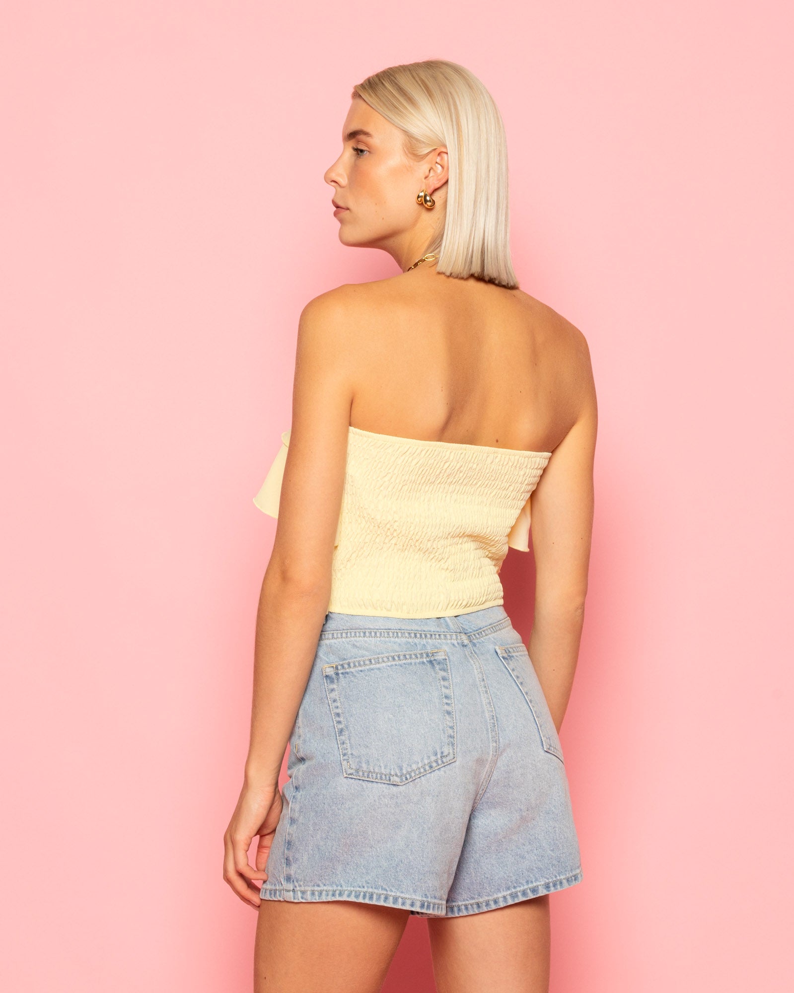JULIE STRAPLESS RUFFLE TOP BUTTER YELLOW