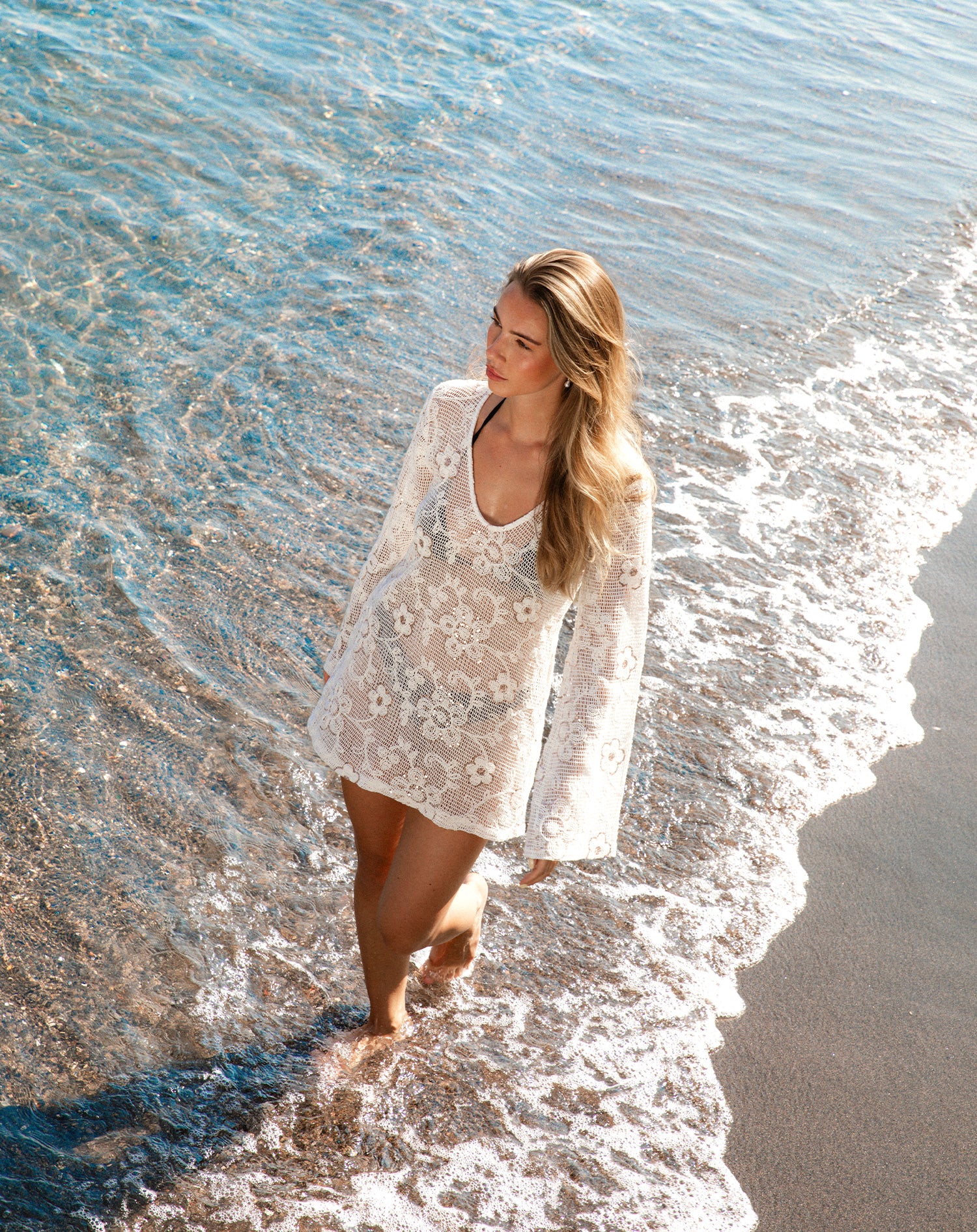 FLOWER SEQUIN CROCHET DRESS CRÈME