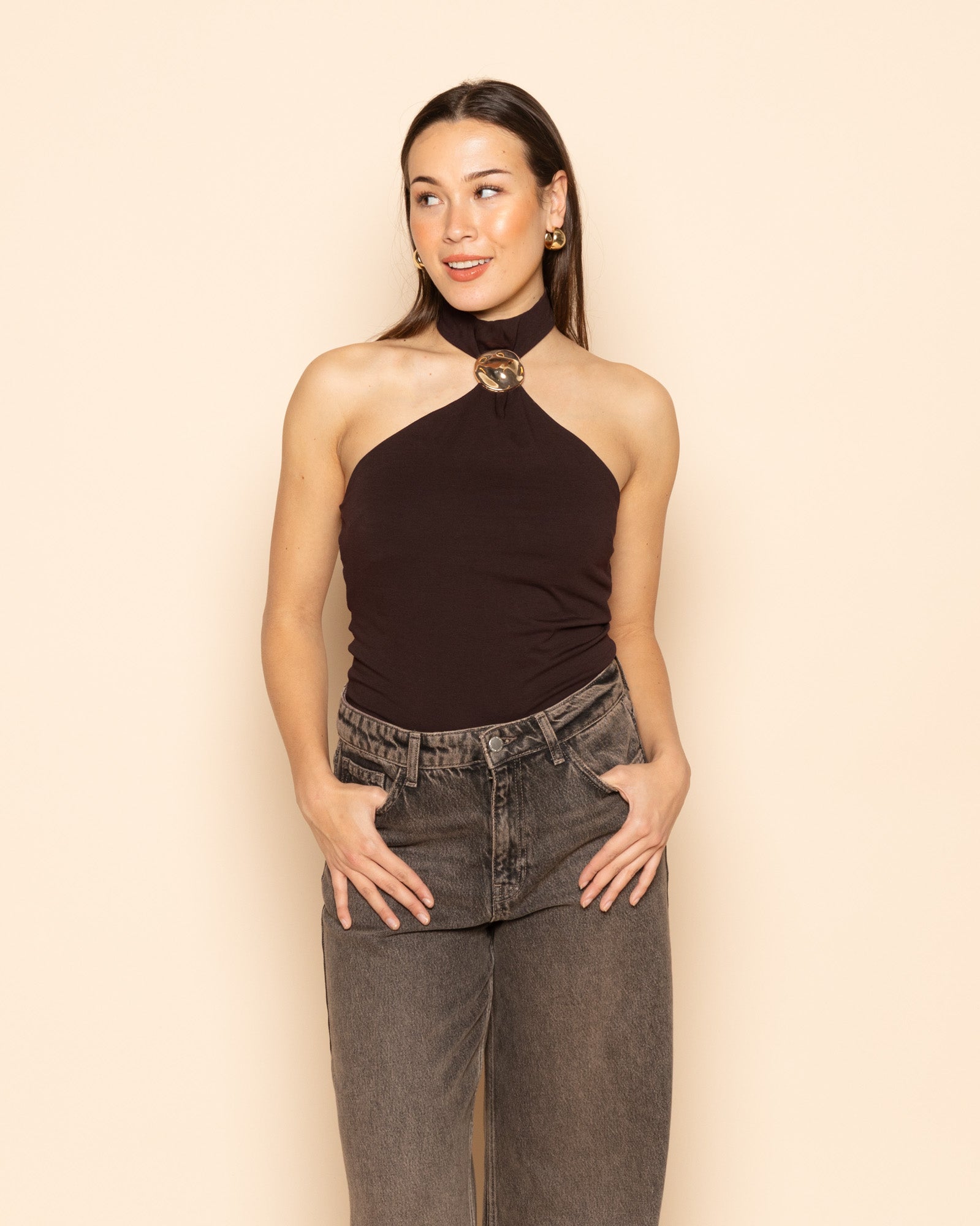 HALTER BROCHE TOP BROWN