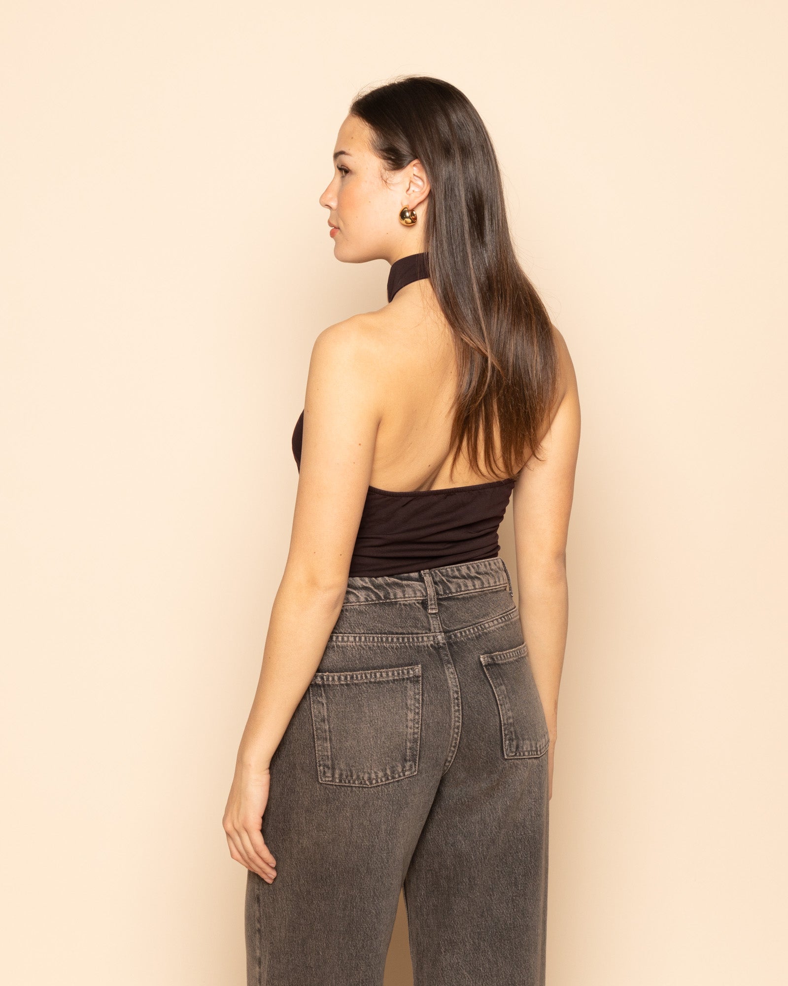 HALTER BROCHE TOP BROWN