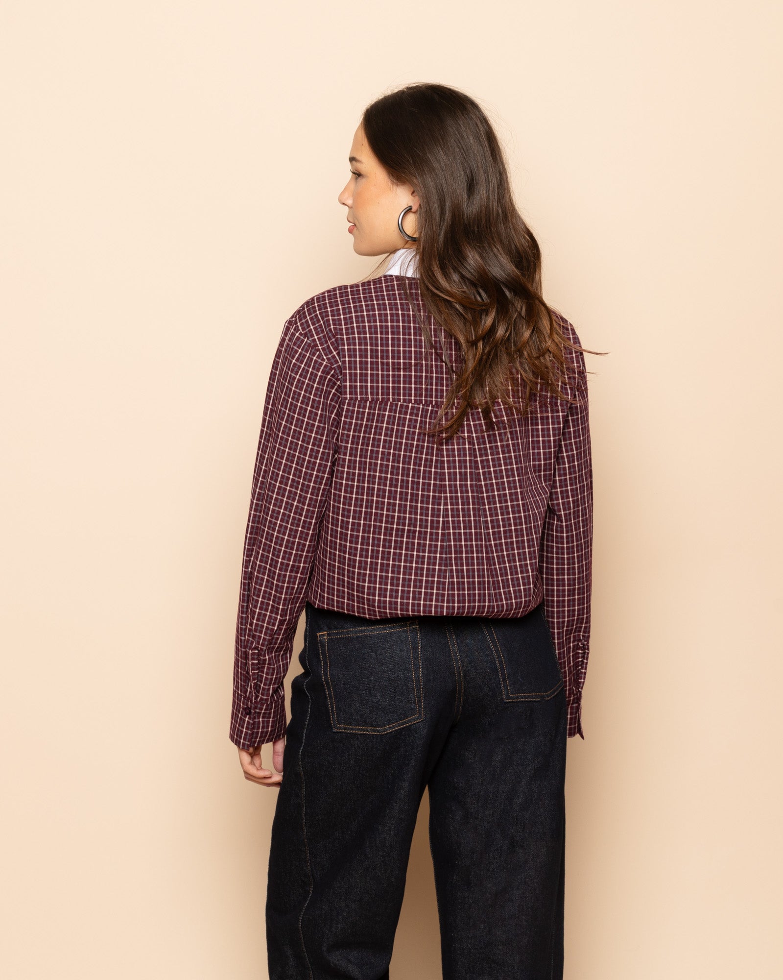 CHECKED CONTRAST COLLAR BLOUSE BURGUNDY