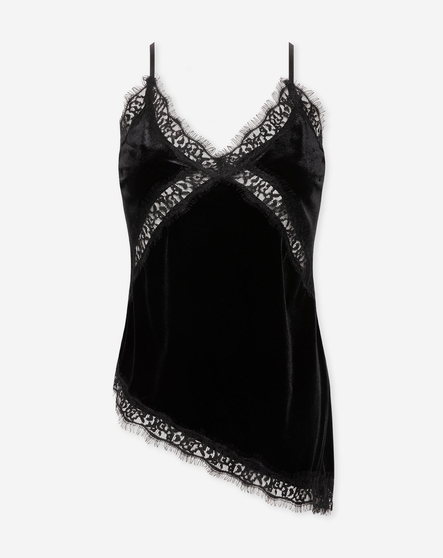 ASYMMETRIC VELVET LACE CAMI TOP BLACK