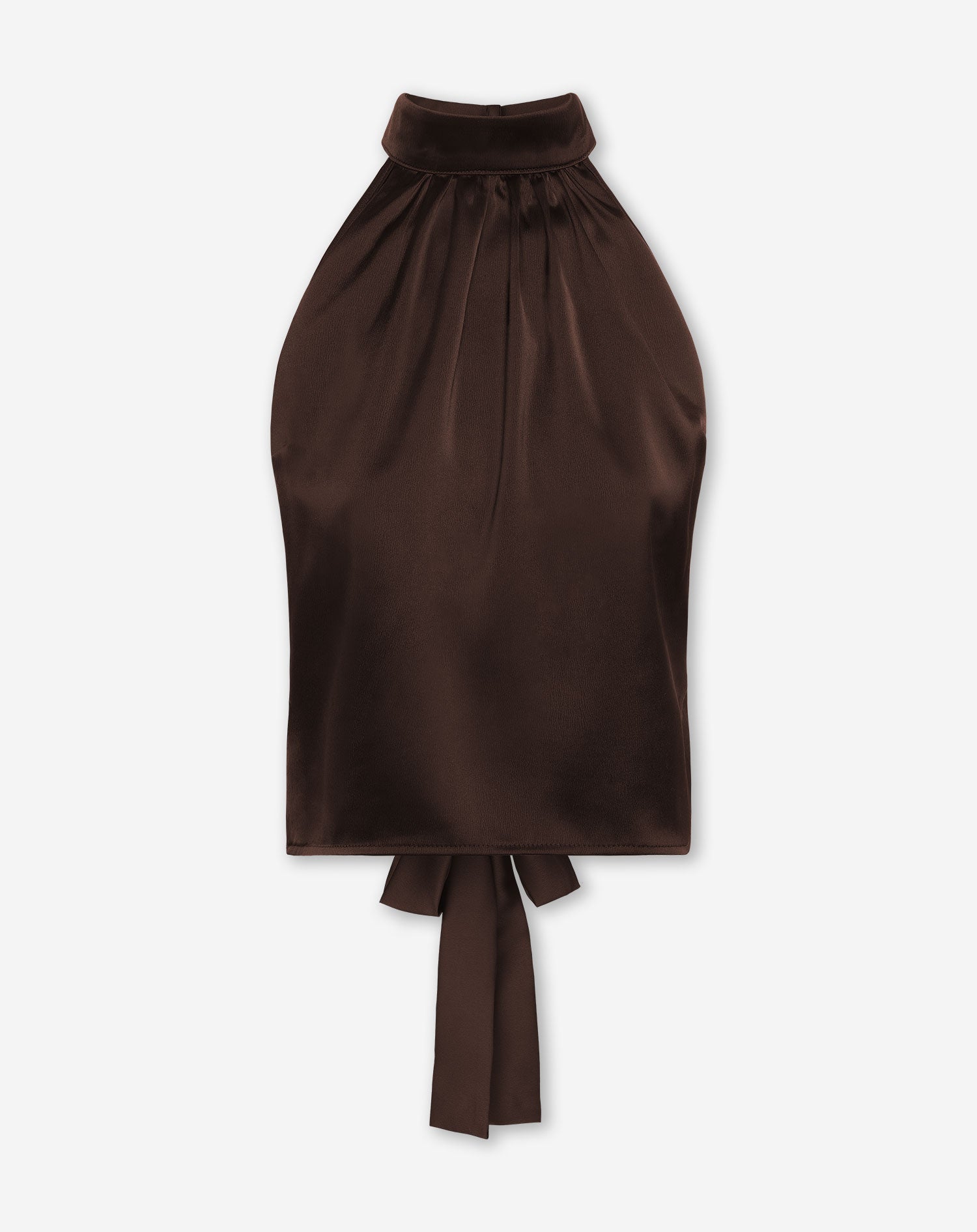 SATIN HALTER BOW TOP BROWN