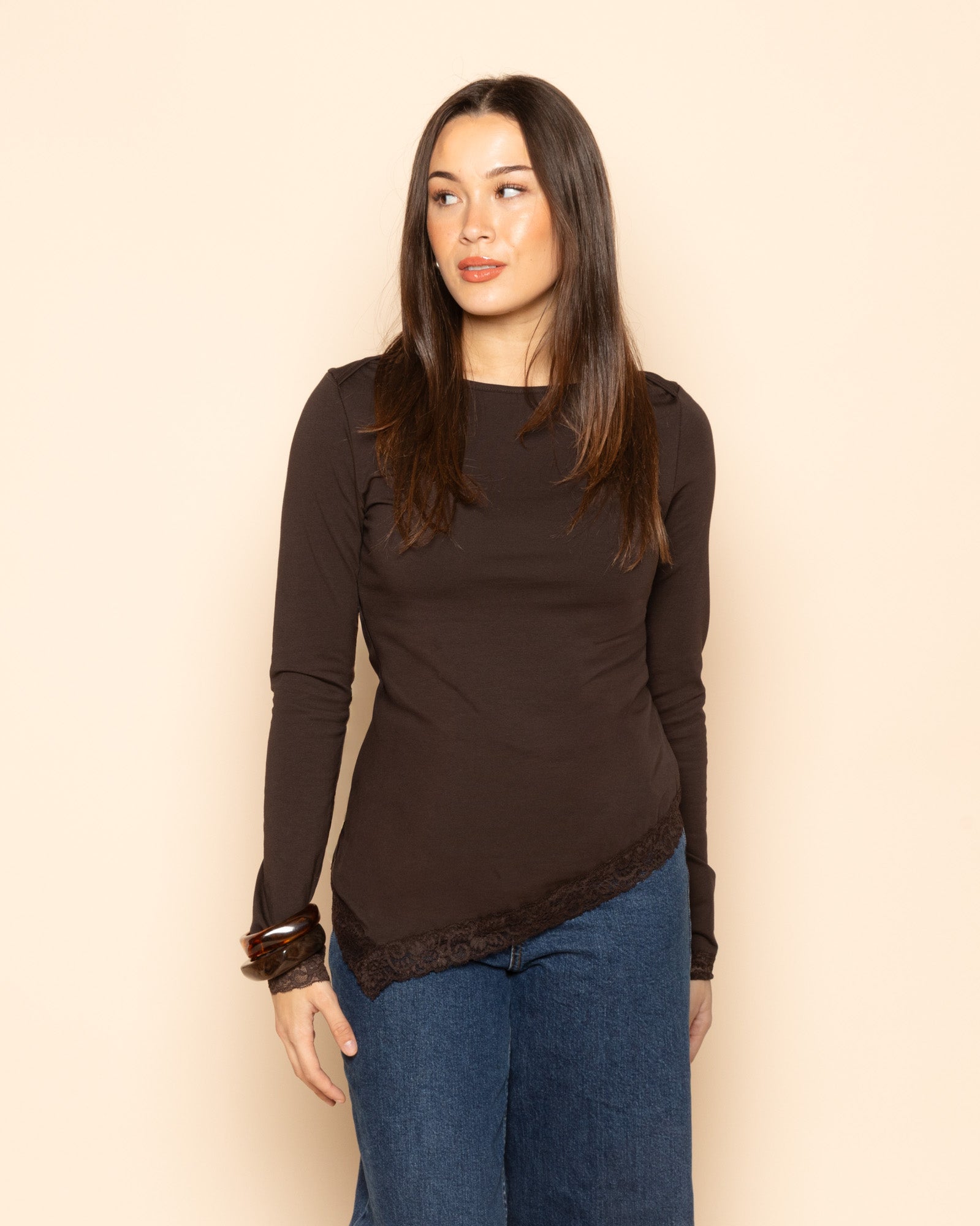 TAMAR ASYMMETRIC LACE TOP DARK BROWN