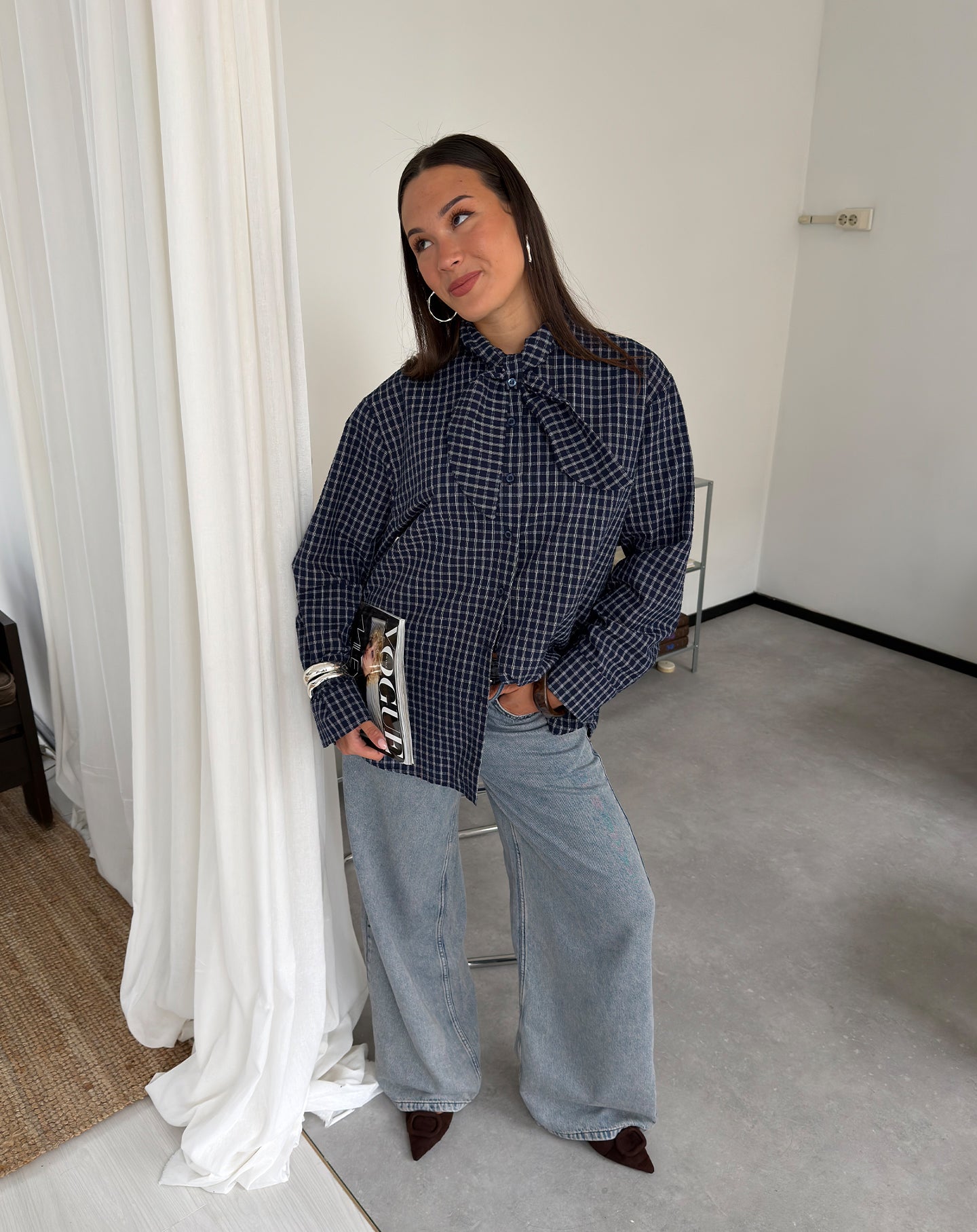 CHECK BOW BLOUSE MARINEBLAUW