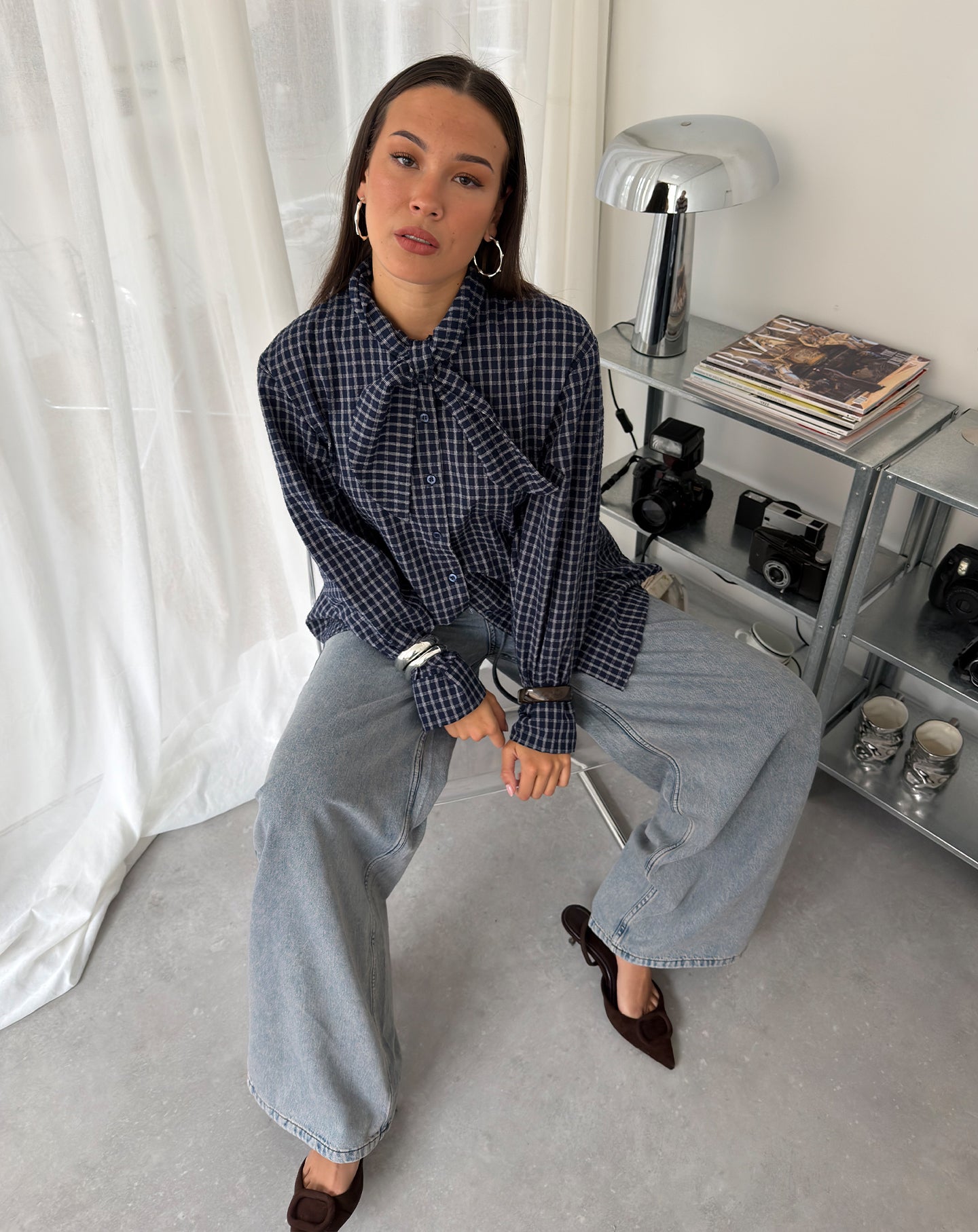 CHECK BOW BLOUSE MARINEBLAUW