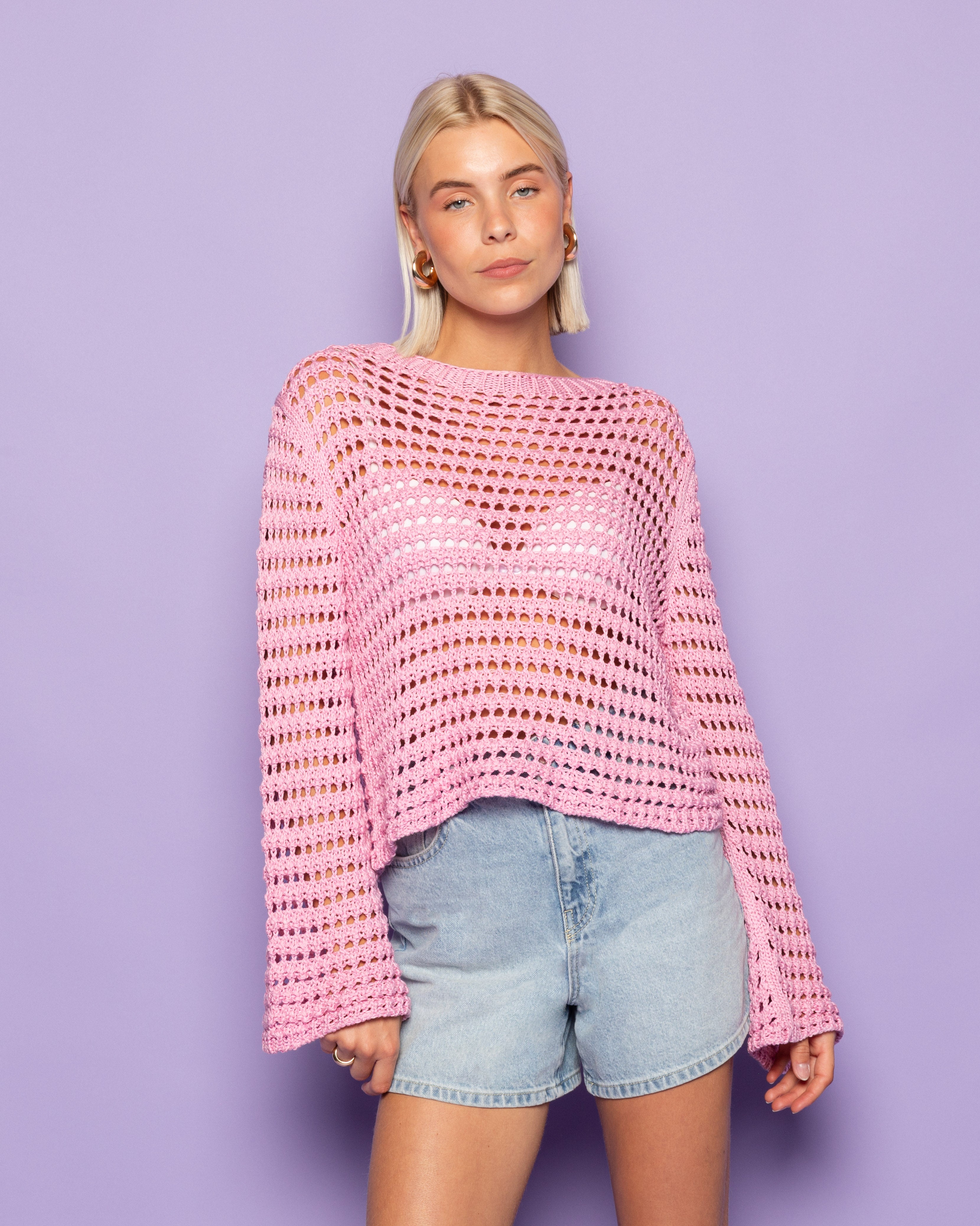 CROCHET KNIT TOP PINK