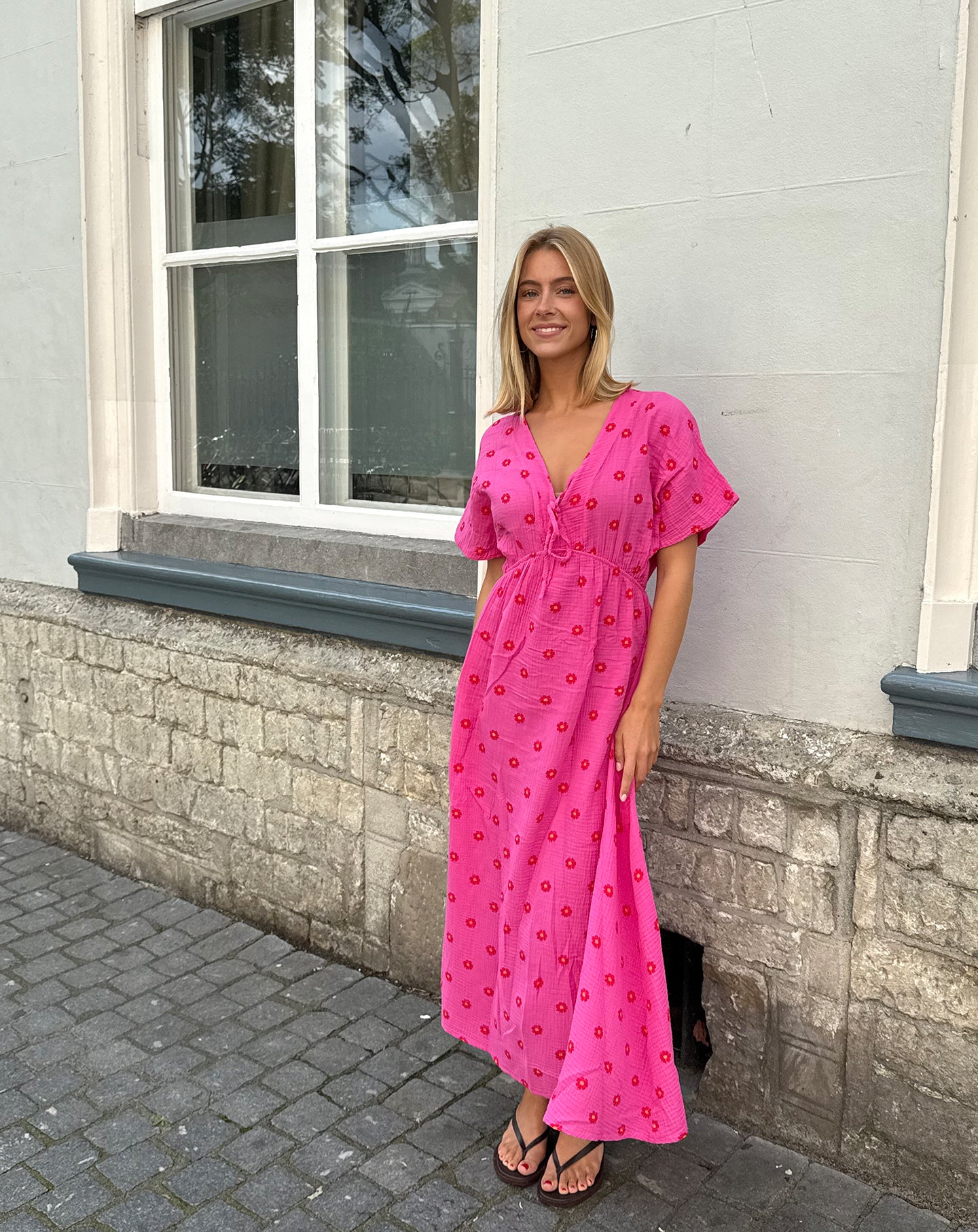 MOUSSELINE FLOWER BOW MAXI DRESS ROZE