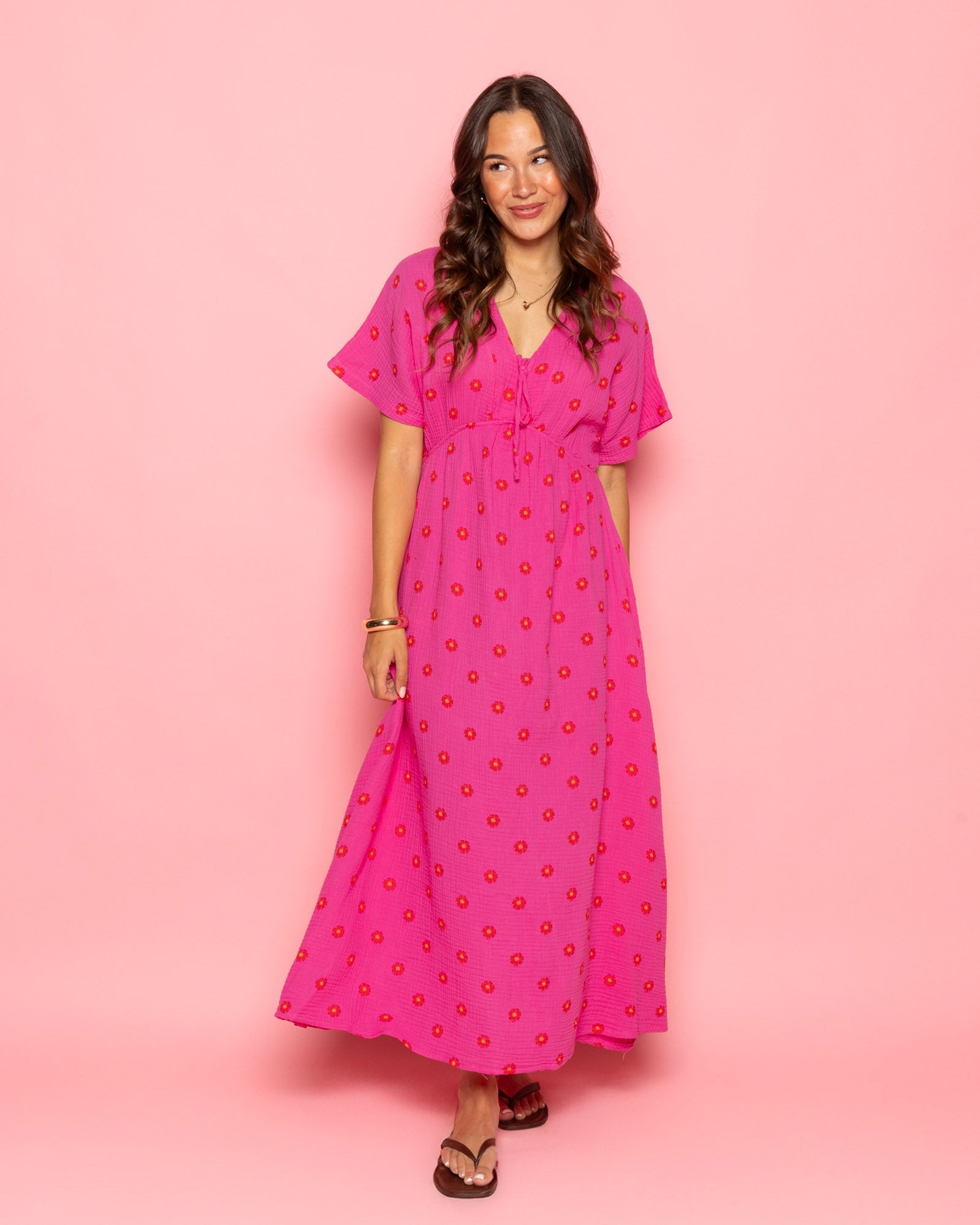 MOUSSELINE FLOWER BOW MAXI DRESS ROZE