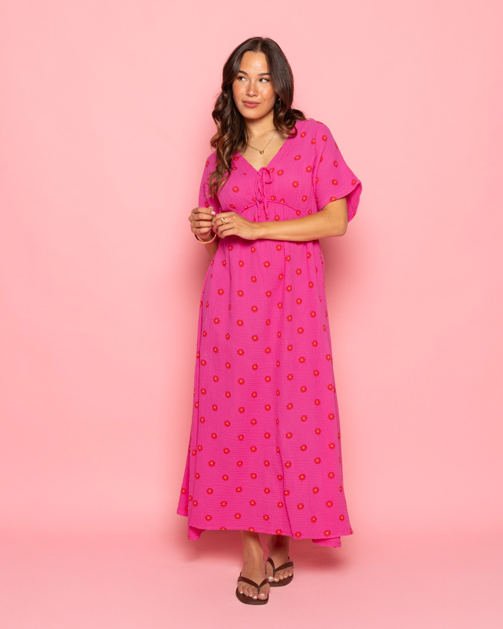 MOUSSELINE FLOWER BOW MAXI DRESS ROZE