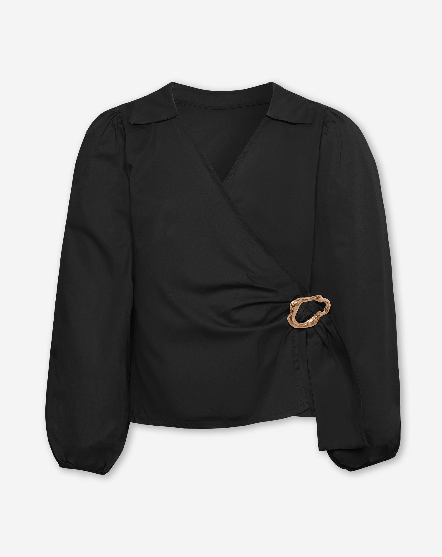 POPLIN WRAP BUCKLE BLOUSE ZWART