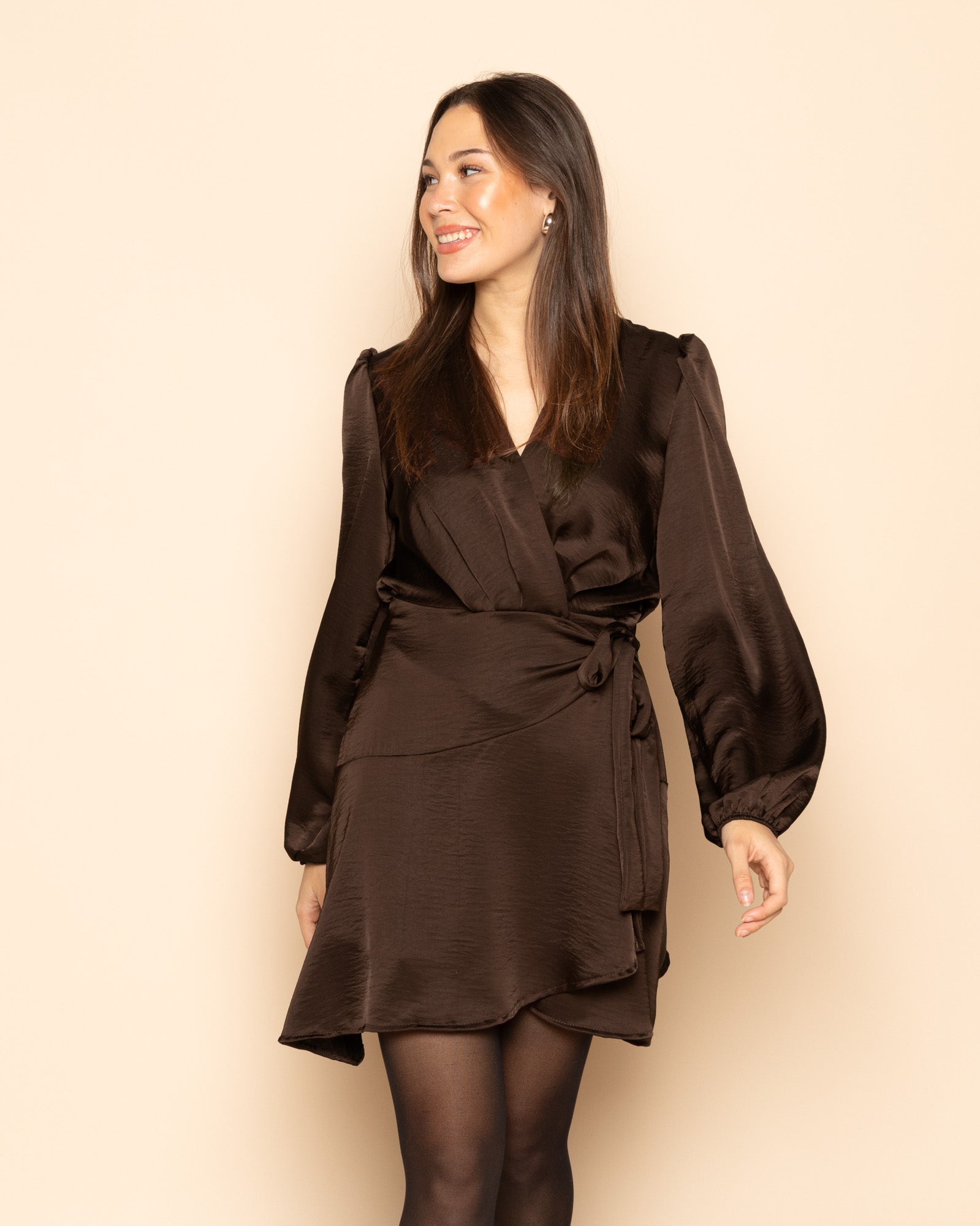 ELINE SATIN CRINKLE WRAP DRESS BROWN