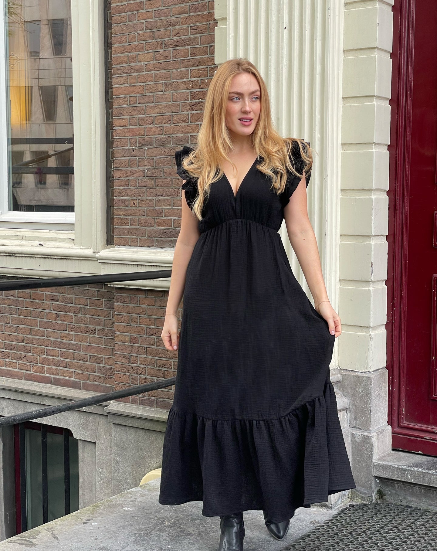 JAZMIN MOUSSELINE MAXI DRESS ZWART