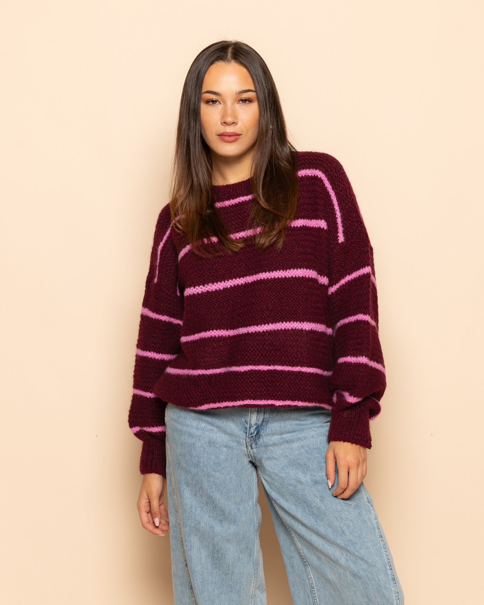 AIMEE SMALL STRIPE KNIT BURGUNDY
