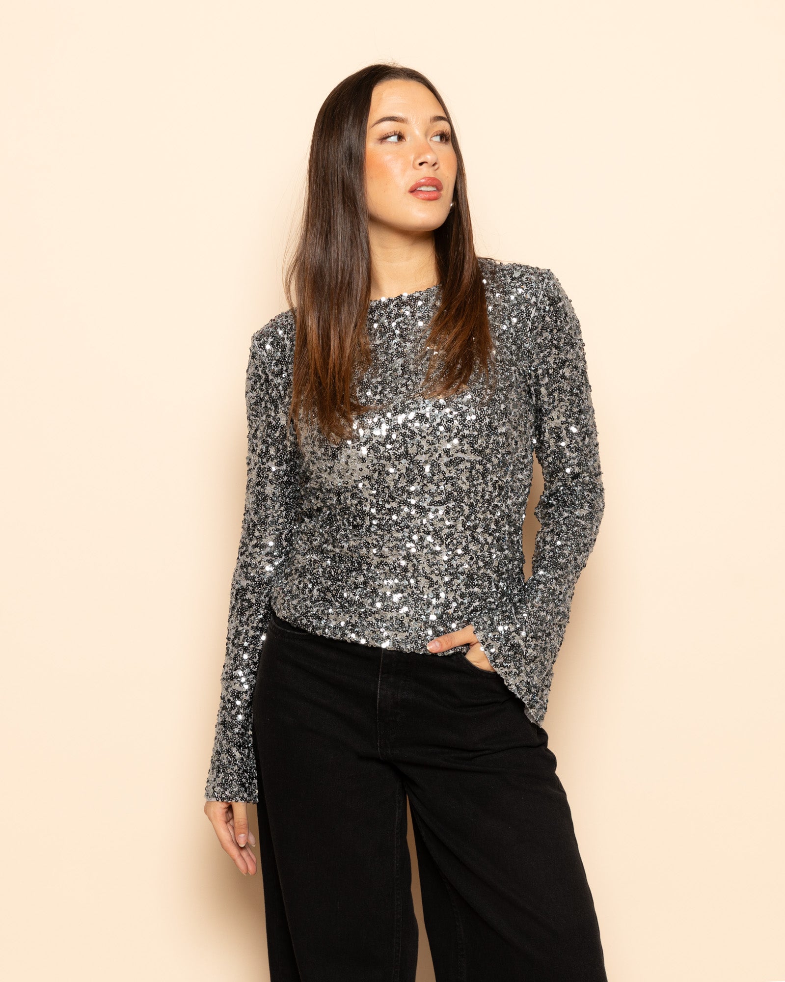 ROBBIN SEQUINS FLARE SLEEVE TOP ZILVER