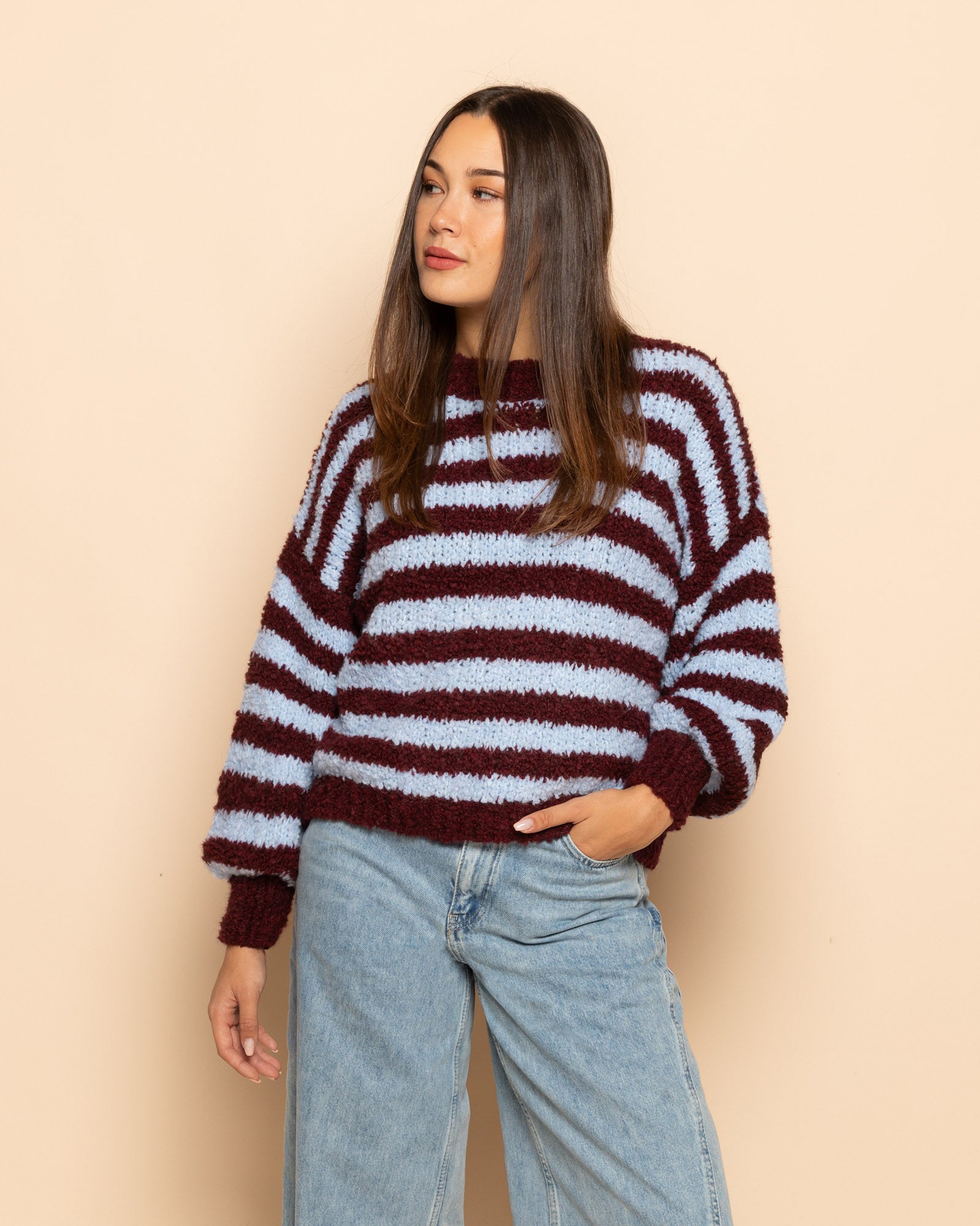 LUCIA BOUCLE STRIPE KNIT BURGUNDY
