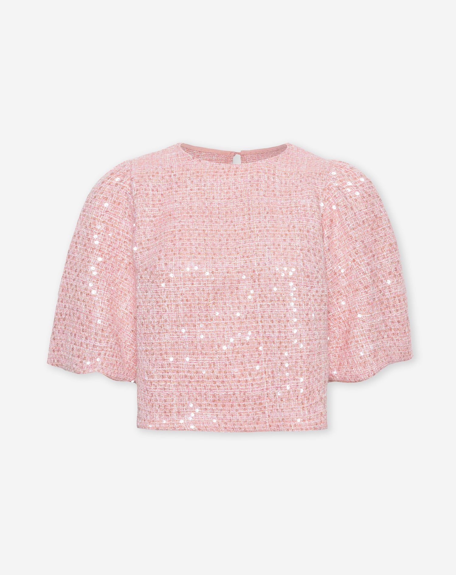 Top met korte pofmouwen van boucle stof met pailletten in de kleur lichtroze