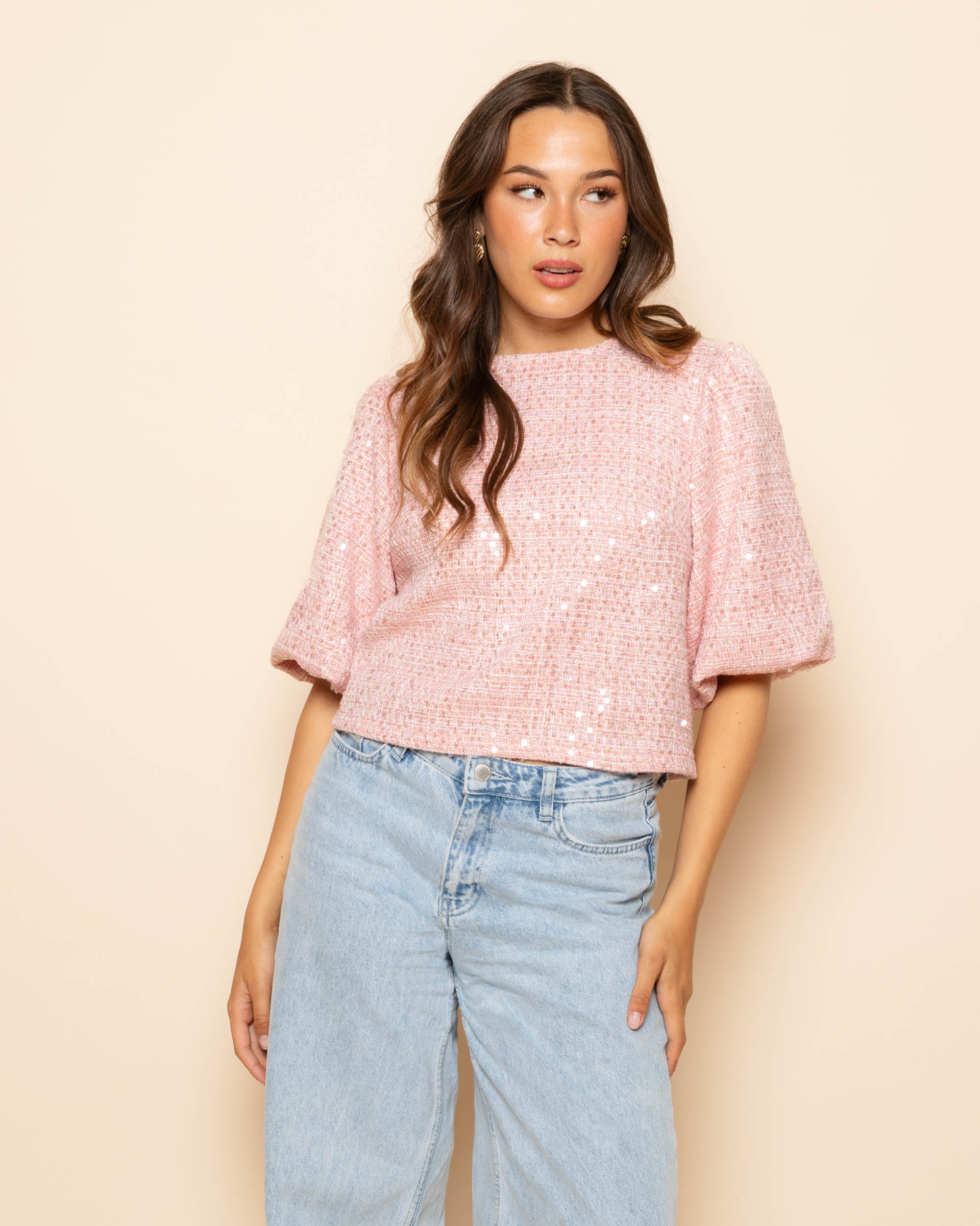 SEQUINS BOUCLE PUFF SLEEVE TOP PINK