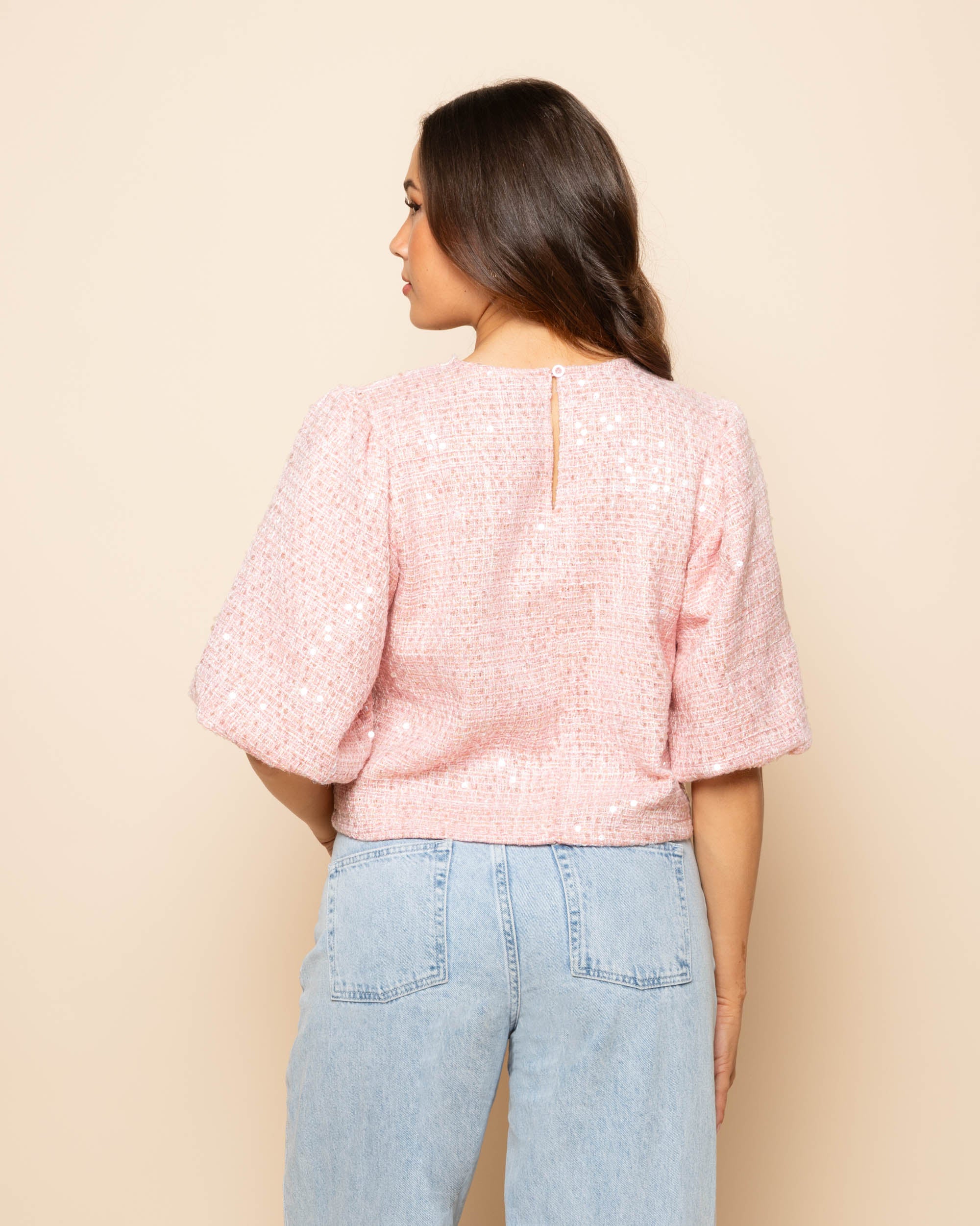 SEQUINS BOUCLE PUFF SLEEVE TOP PINK