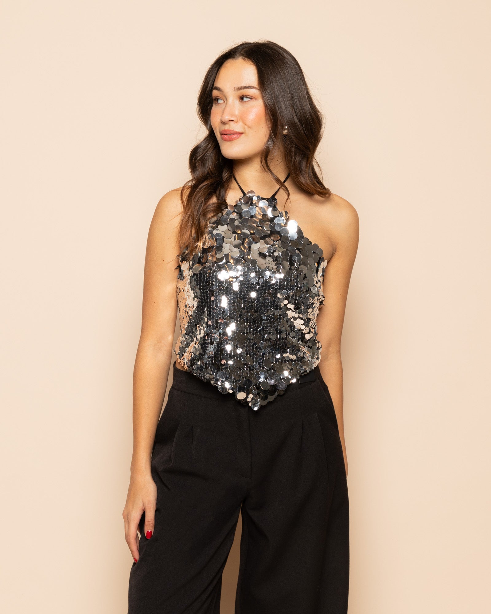 TRIANGLE STRAP HALTER TOP ZILVER