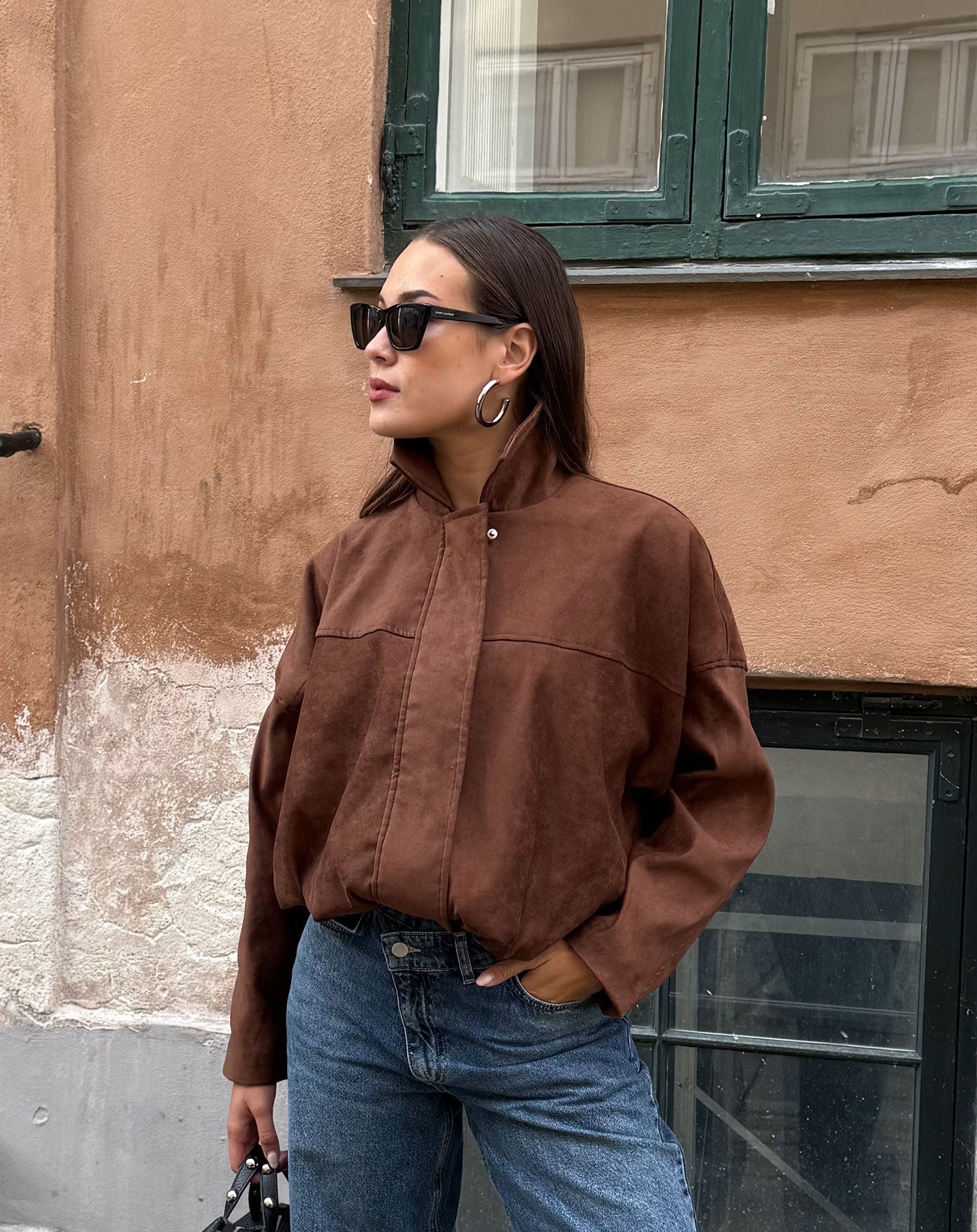 FAUX SUEDE BIKER BUBBLE HEM JACKET BRUIN