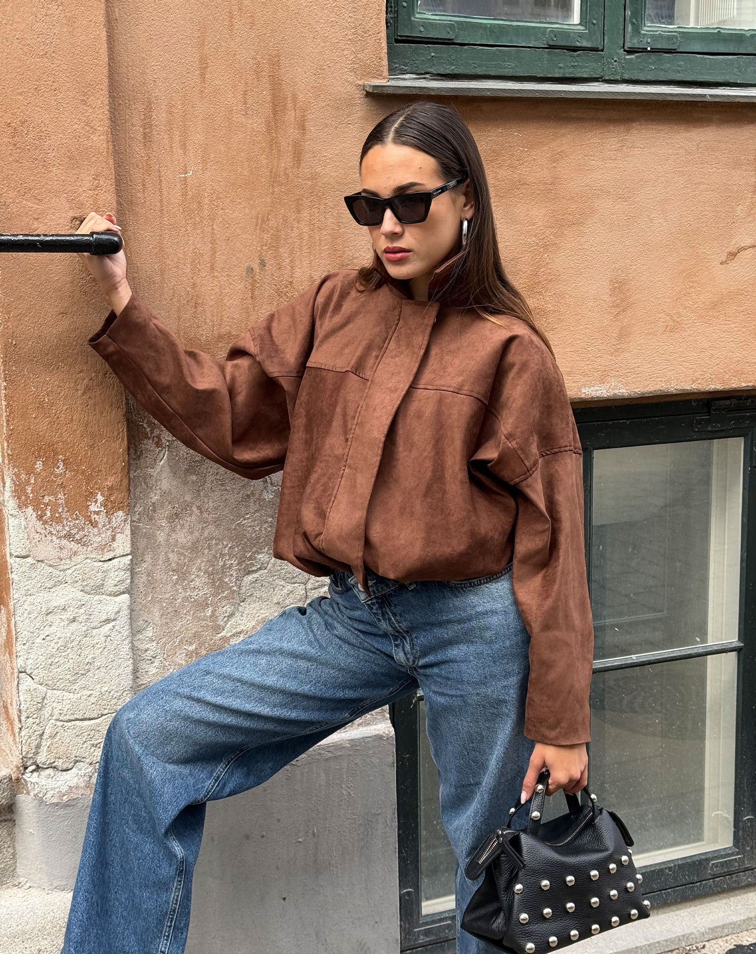 FAUX SUEDE BIKER BUBBLE HEM JACKET BRUIN