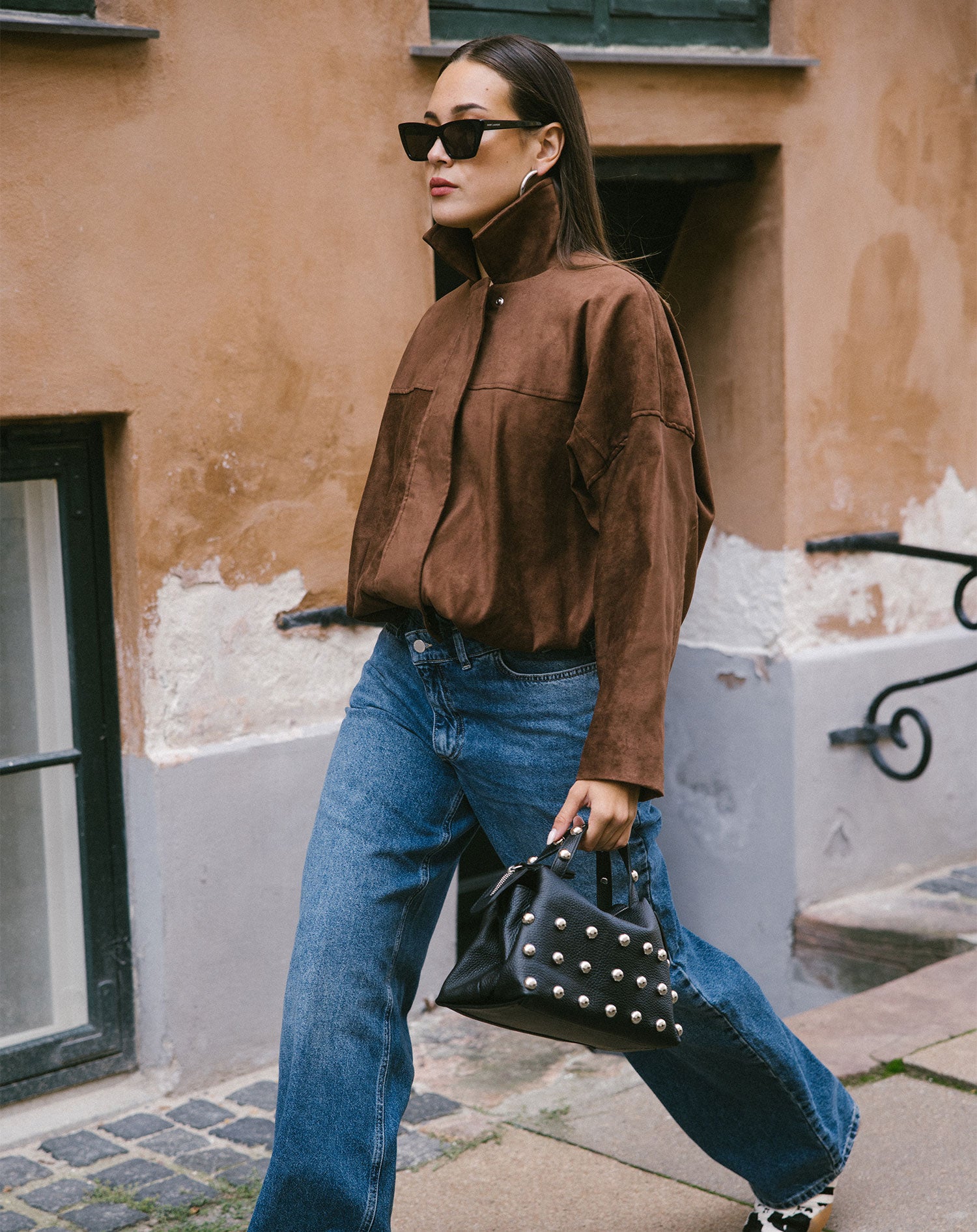 FAUX SUEDE BIKER BUBBLE HEM JACKET BRUIN